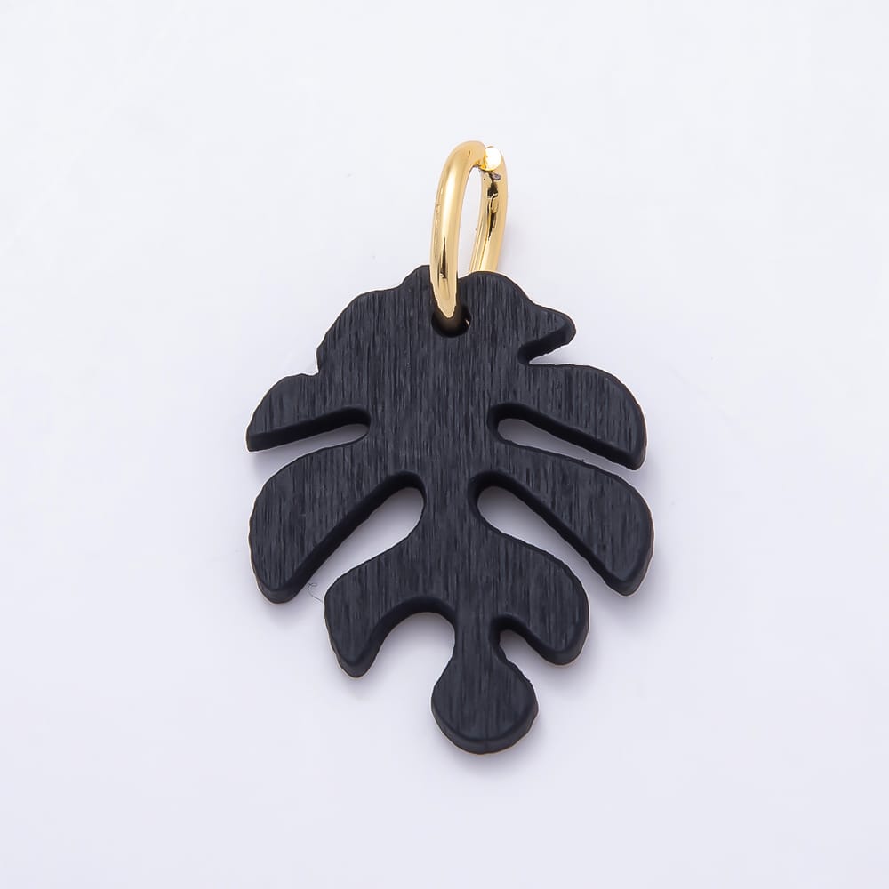 18K Gold Filled 30mm Green, Grey, Olive, Red, Blue, Orange, Black, Yellow, Pink, Brown Lined Monstera Palm Leaf Light Wood Charm | Charms-02428 ~ Charms-02437