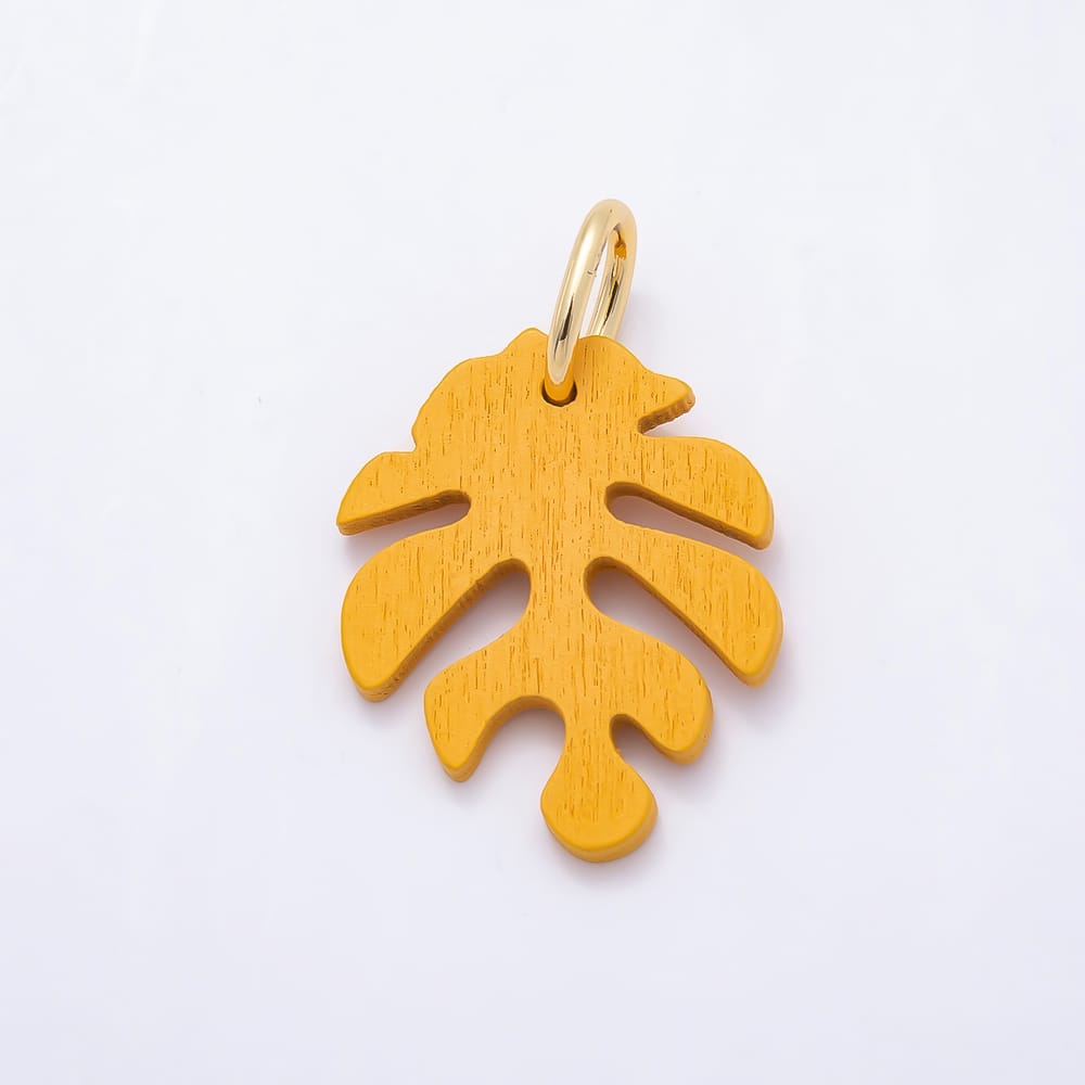 18K Gold Filled 30mm Green, Grey, Olive, Red, Blue, Orange, Black, Yellow, Pink, Brown Lined Monstera Palm Leaf Light Wood Charm | Charms-02428 ~ Charms-02437