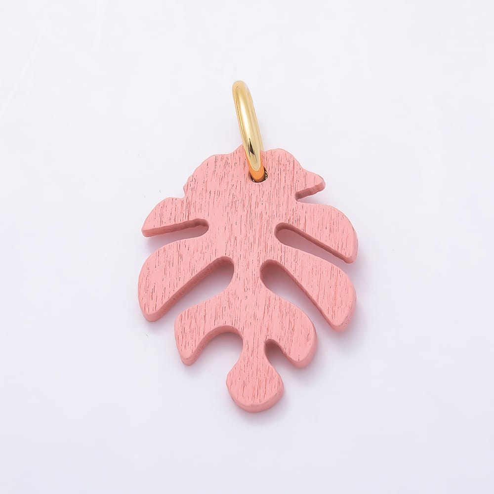 18K Gold Filled 30mm Green, Grey, Olive, Red, Blue, Orange, Black, Yellow, Pink, Brown Lined Monstera Palm Leaf Light Wood Charm | Charms-02428 ~ Charms-02437