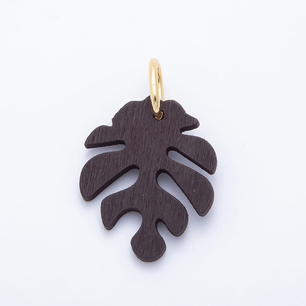 18K Gold Filled 30mm Green, Grey, Olive, Red, Blue, Orange, Black, Yellow, Pink, Brown Lined Monstera Palm Leaf Light Wood Charm | Charms-02428 ~ Charms-02437