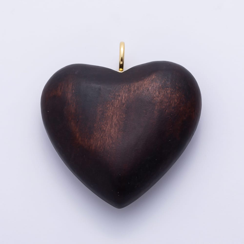 AUNTUMN FALL 18K Gold Filled 50mm Wood Brown Enamel Resin Chubby Heart Pendant | Charms-02438