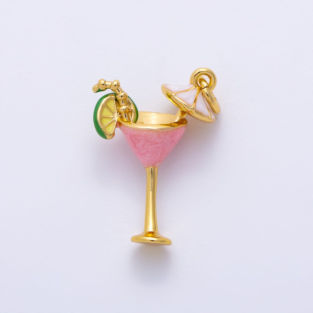 16K Gold Filled 20mm Pink Enamel Lime Cocktail Martini Glass 3D Multidimensional Charm | Charms-02449