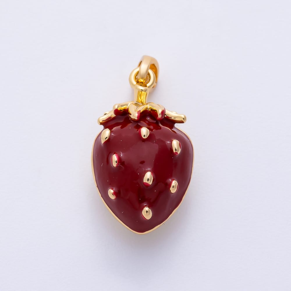 16K Gold Filled 19mm Red Enamel Strawberry Fruit 3D Multidimensional Pendant | Charms-02457 Charms-02458