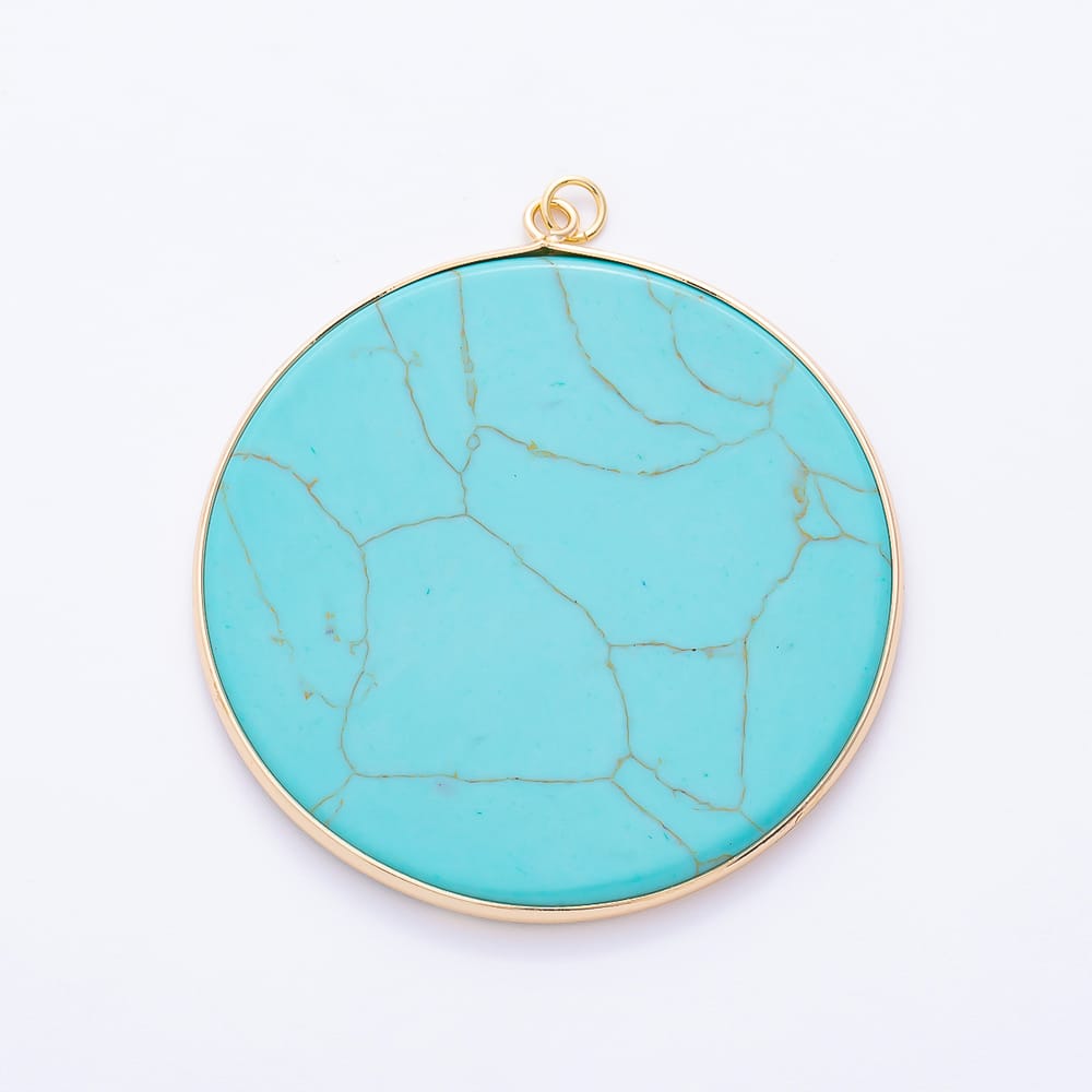 16K Gold Filled 55mm Turquoise Gemstone Round Circle Foil Bezel Pendant | Charms-02460
