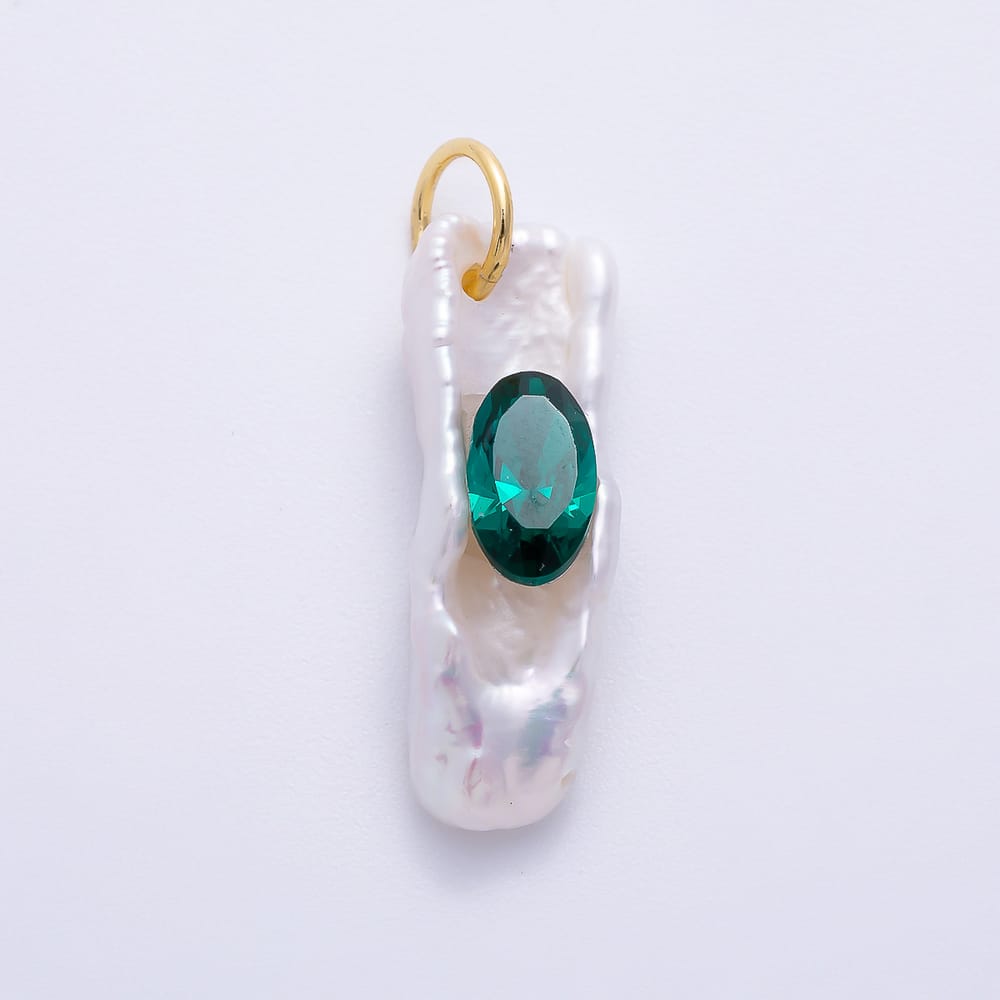16K Gold Filled 26mm Green, Fuchsia Oval CZ Biwa Freshwater Pearl Rectangle Pendant | Charms-02463 Charms-02464