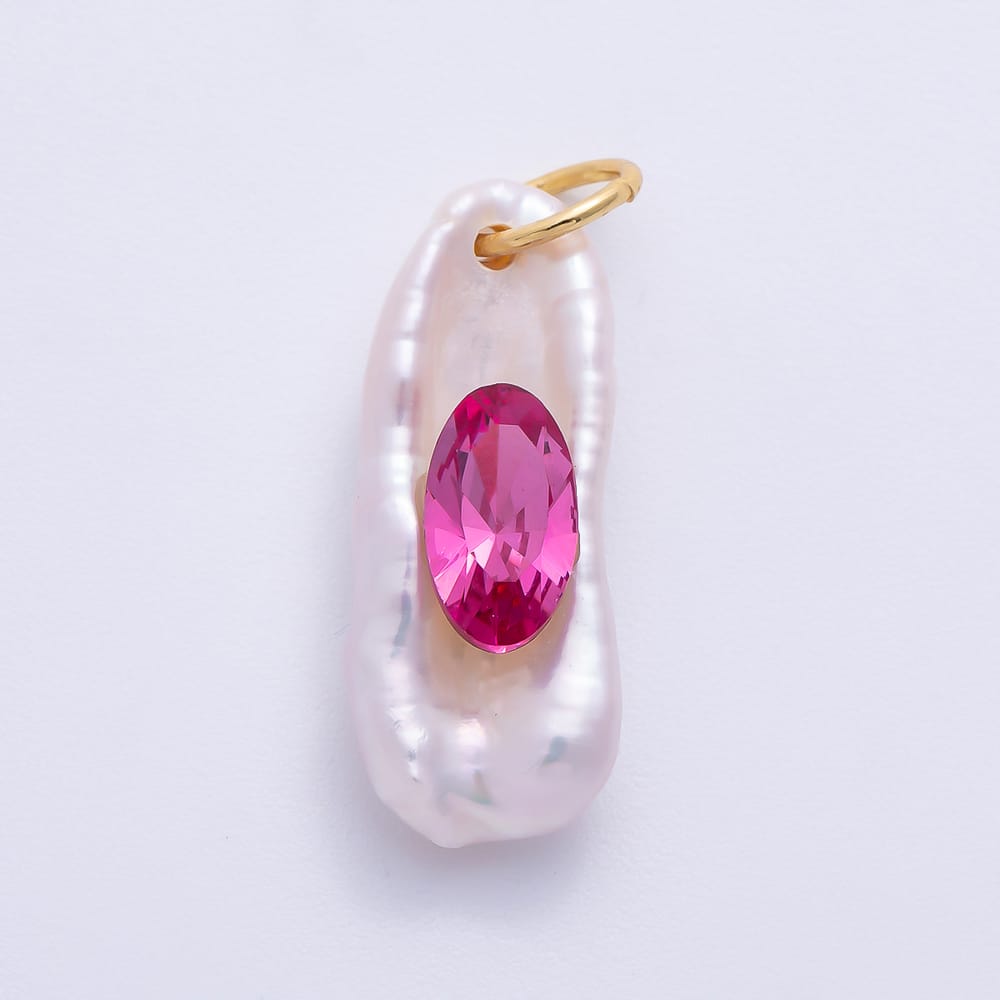 16K Gold Filled 26mm Green, Fuchsia Oval CZ Biwa Freshwater Pearl Rectangle Pendant | Charms-02463 Charms-02464