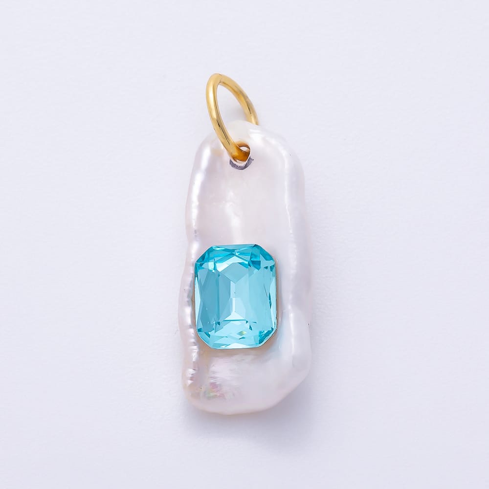 16K Gold Filled 26mm Green, Pink, Blue Baguette CZ Biwa Freshwater Pearl Rectangle Pendant | Charms-02465 ~ Charms-02467
