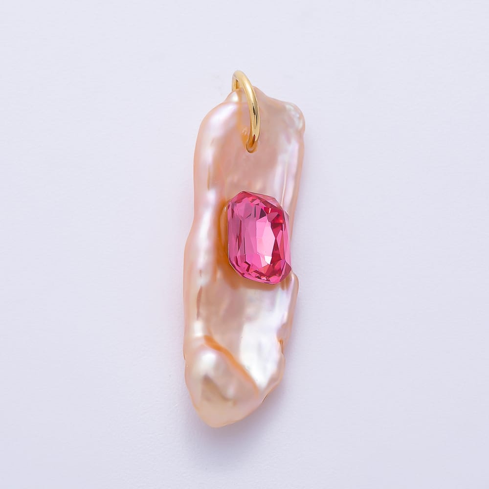 16K Gold Filled 26mm Green, Pink, Blue Baguette CZ Biwa Freshwater Pearl Rectangle Pendant | Charms-02465 ~ Charms-02467