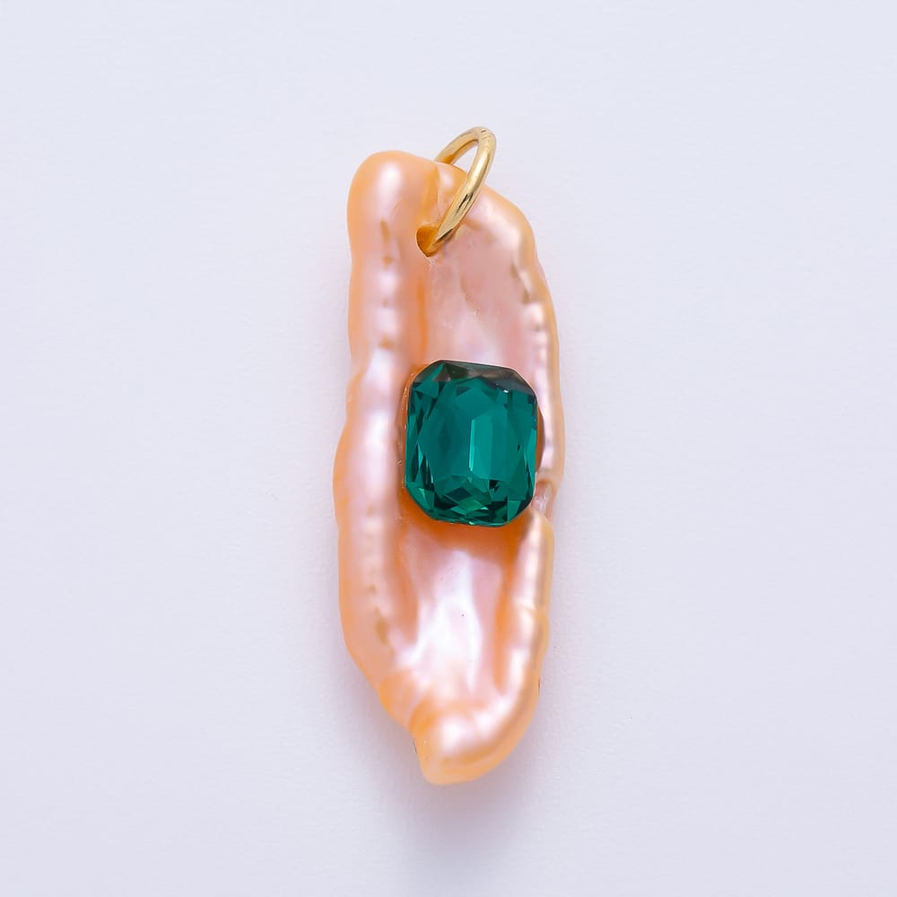 16K Gold Filled 26mm Green, Pink, Blue Baguette CZ Biwa Freshwater Pearl Rectangle Pendant | Charms-02465 ~ Charms-02467