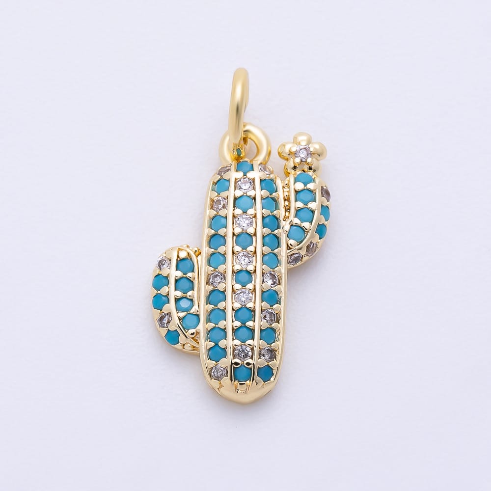16K Gold Filled 16mm Turquoise Micro Paved Cactus Plant Charm in Gold & Silver | Charms-02473 Charms-02474