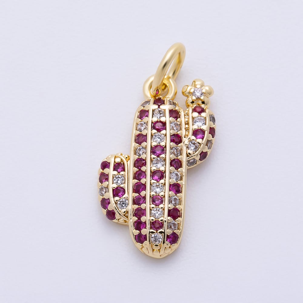 16K Gold Filled 16mm Fuchsia Micro Paved Cactus Plant Charm in Gold & Silver | Charms-02475 Charms-02476