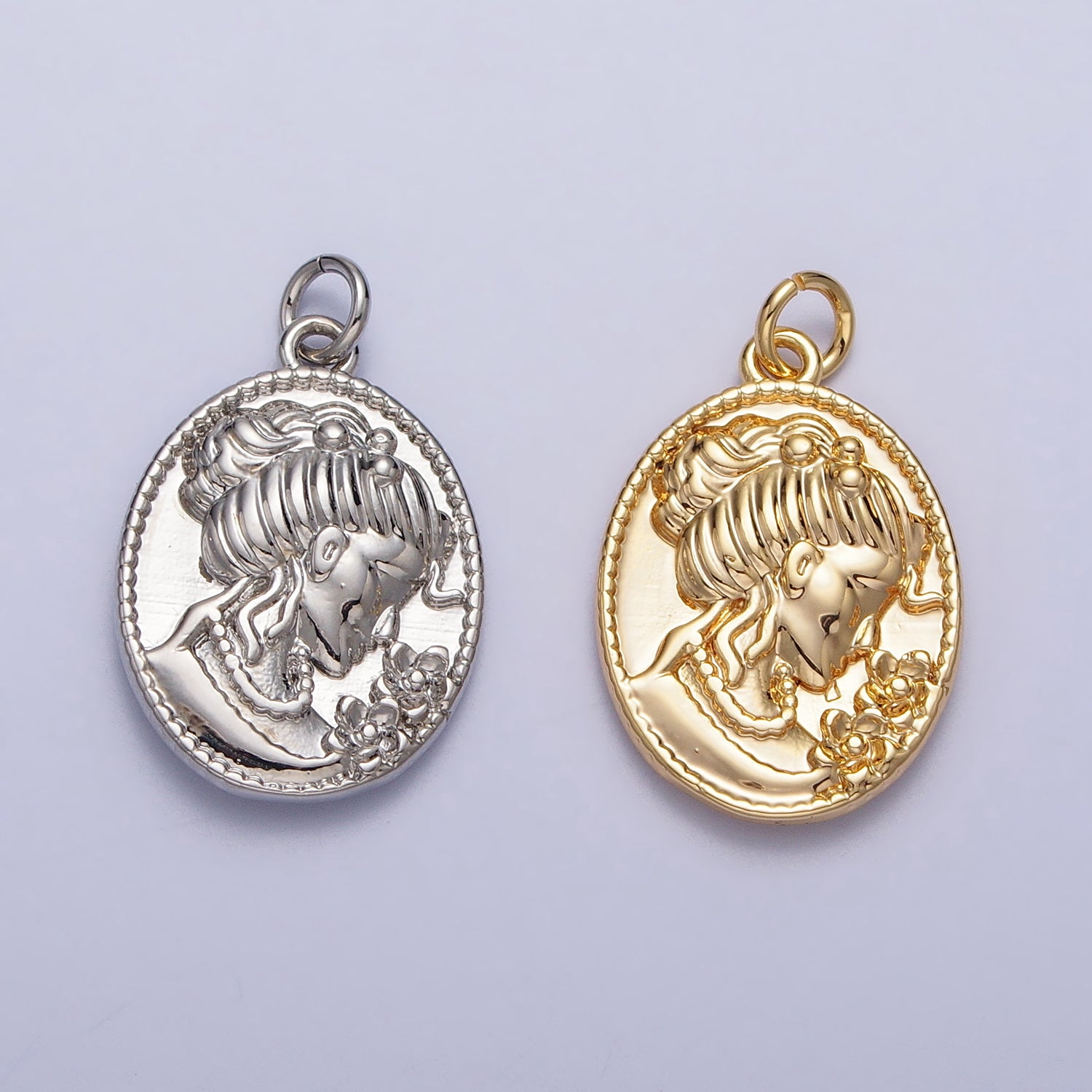 16K Gold Filled Double Sided Portrait of Victorian Lady Flower Pearl Cameo Oval Charm in Gold & Silver | AC299 AC300