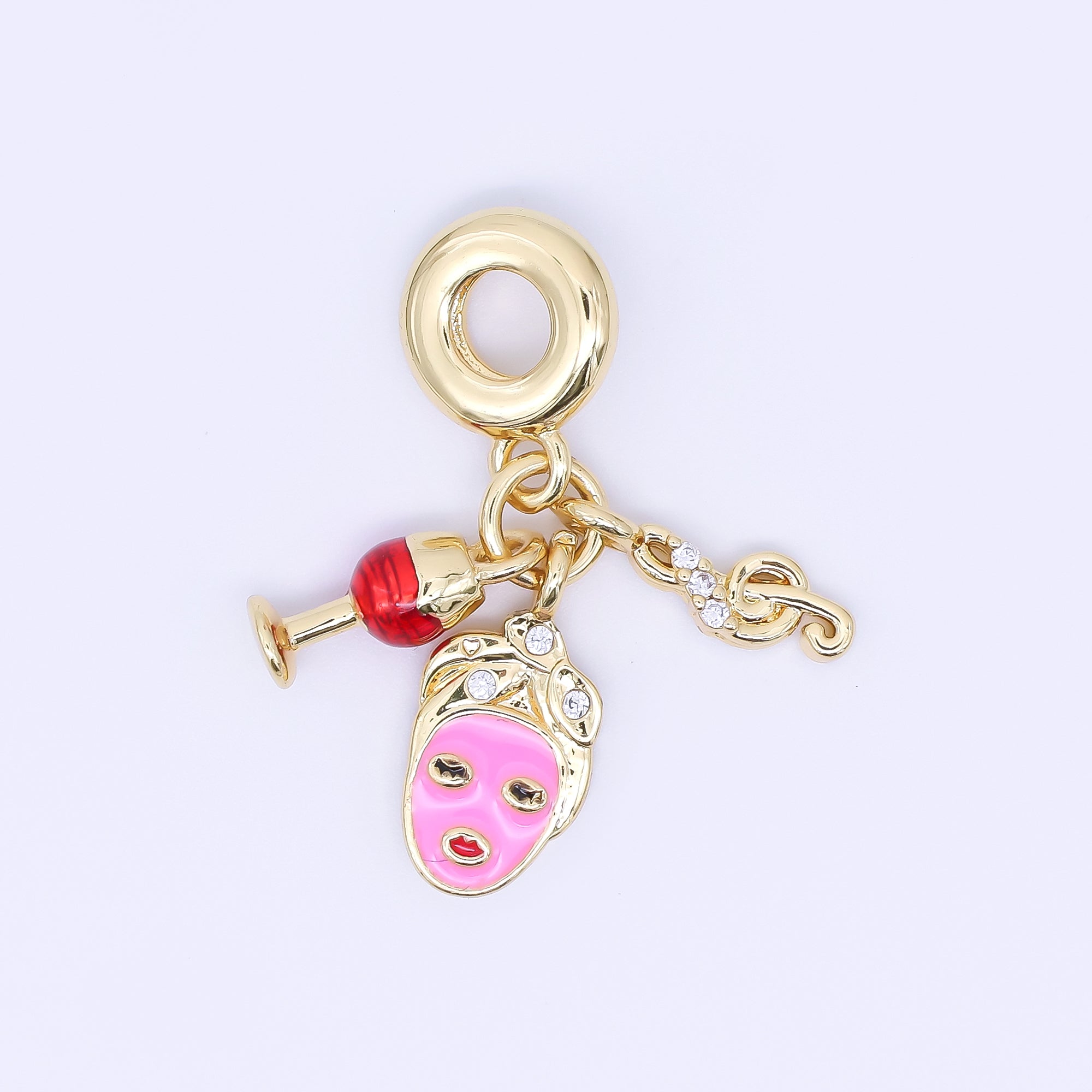 24K Gold Filled Self Care Face Masks Wine Music Micro Paved CZ Drop Rondelle Charm | AC1618