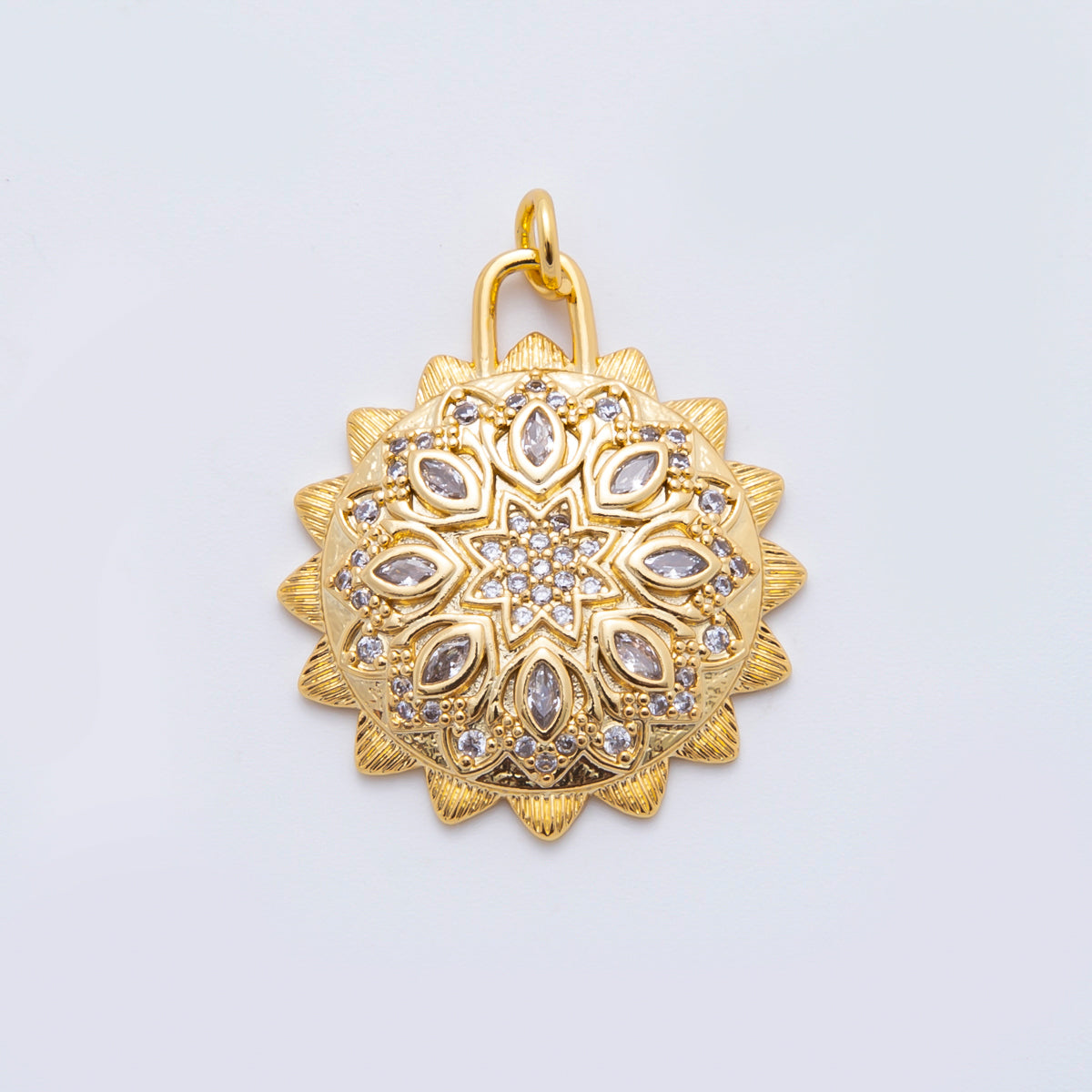 18K Gold Filled 30mm Micro Paved & Marquise CZ Sun Lotus Charm | N294