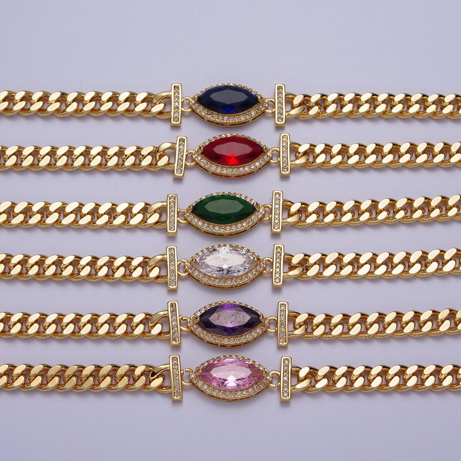 16K Gold Filled 6mm Marquise Micro Paved CZ Solitaire Curb Chain 18 Inch Necklace | WA-01212