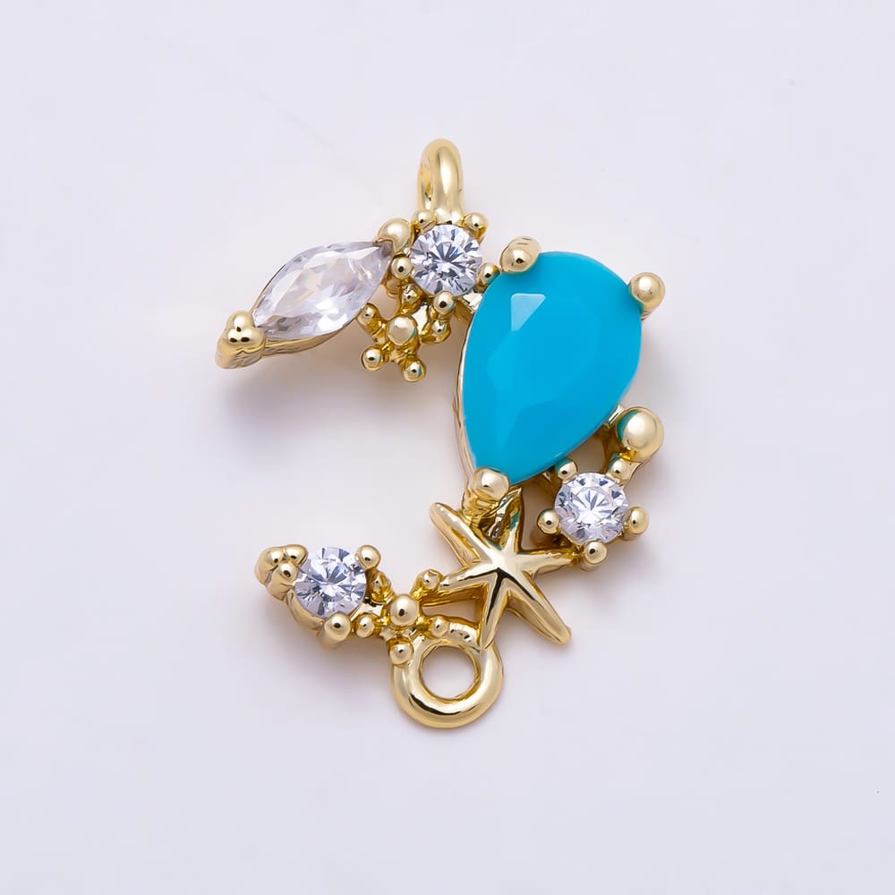 16K Gold Filled 14mm Turquoise Teardrop CZ Crescent Moon & Starfish Beach Connector Link | Connectors-00050 - Connectors-00051
