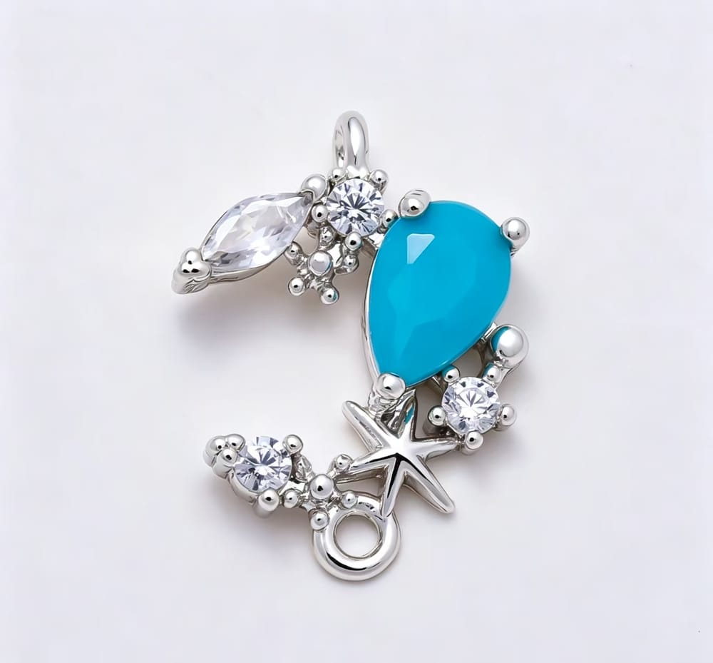 16K Gold Filled 14mm Turquoise Teardrop CZ Crescent Moon & Starfish Beach Connector Link | Connectors-00050 - Connectors-00051