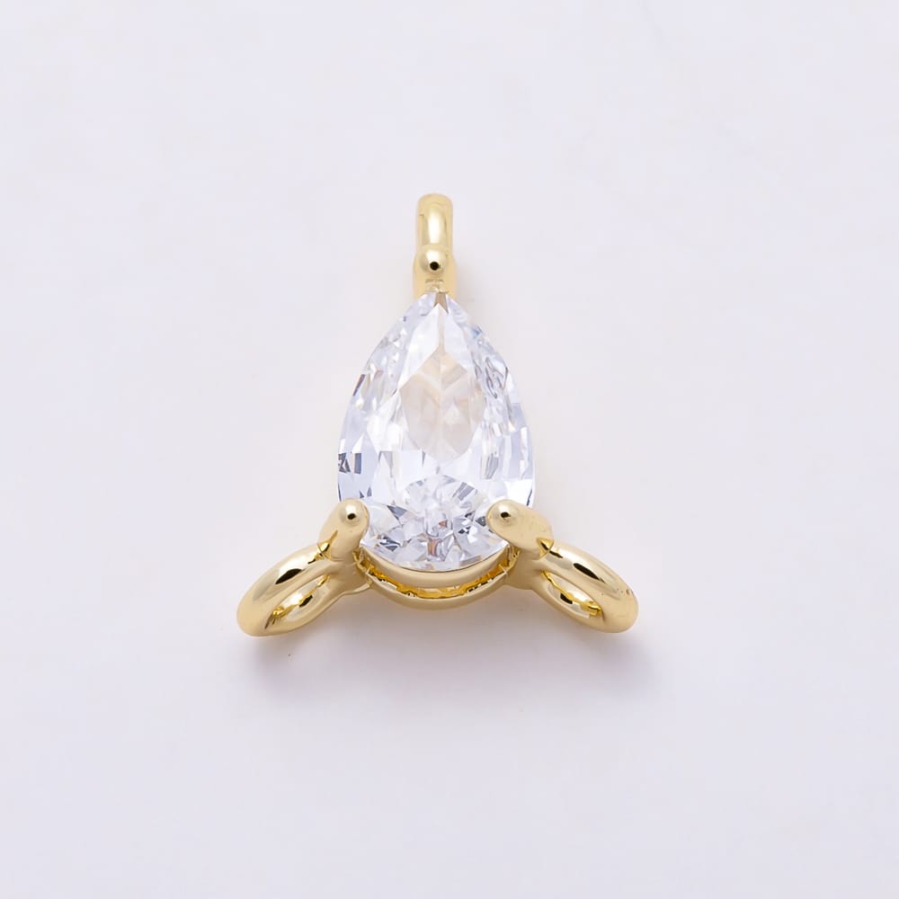 16K Gold Filled 9mm Clear CZ Teardrop Solitaire Triple Loop Connector | Connectors-00072