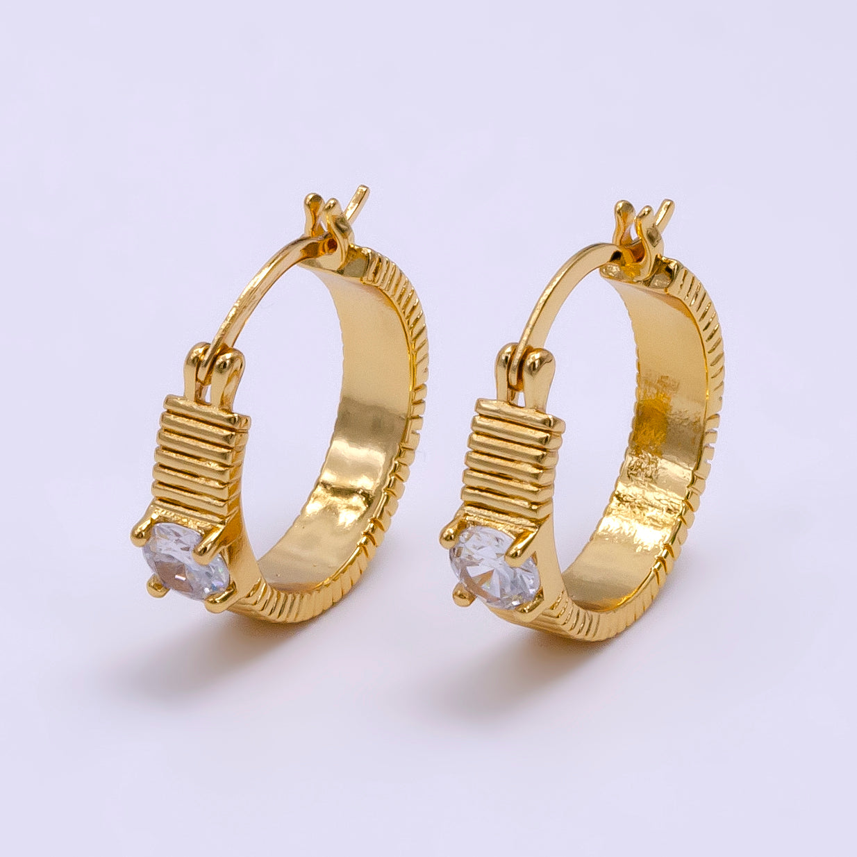16K Gold Filled 20mm Clear CZ Ribbed Latch Hoop Earrings