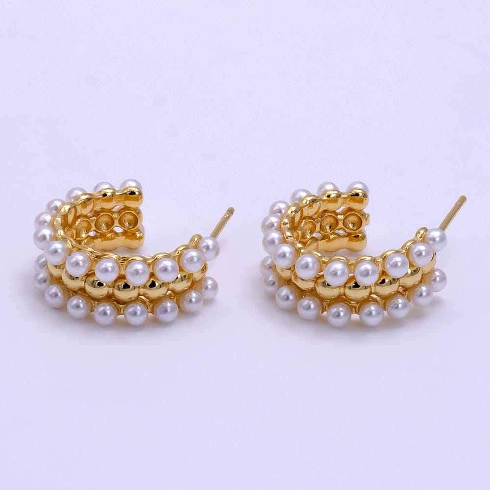 16K Gold Filled 20mm Shell Pearl Round Beaded Triple Band C-Shaped Hoop Earrings