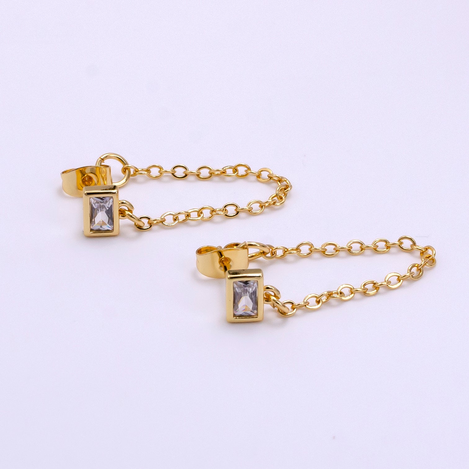 14K Gold Filled Clear Baguette CZ Cable Chain Minimalist Drop Stud Earrings