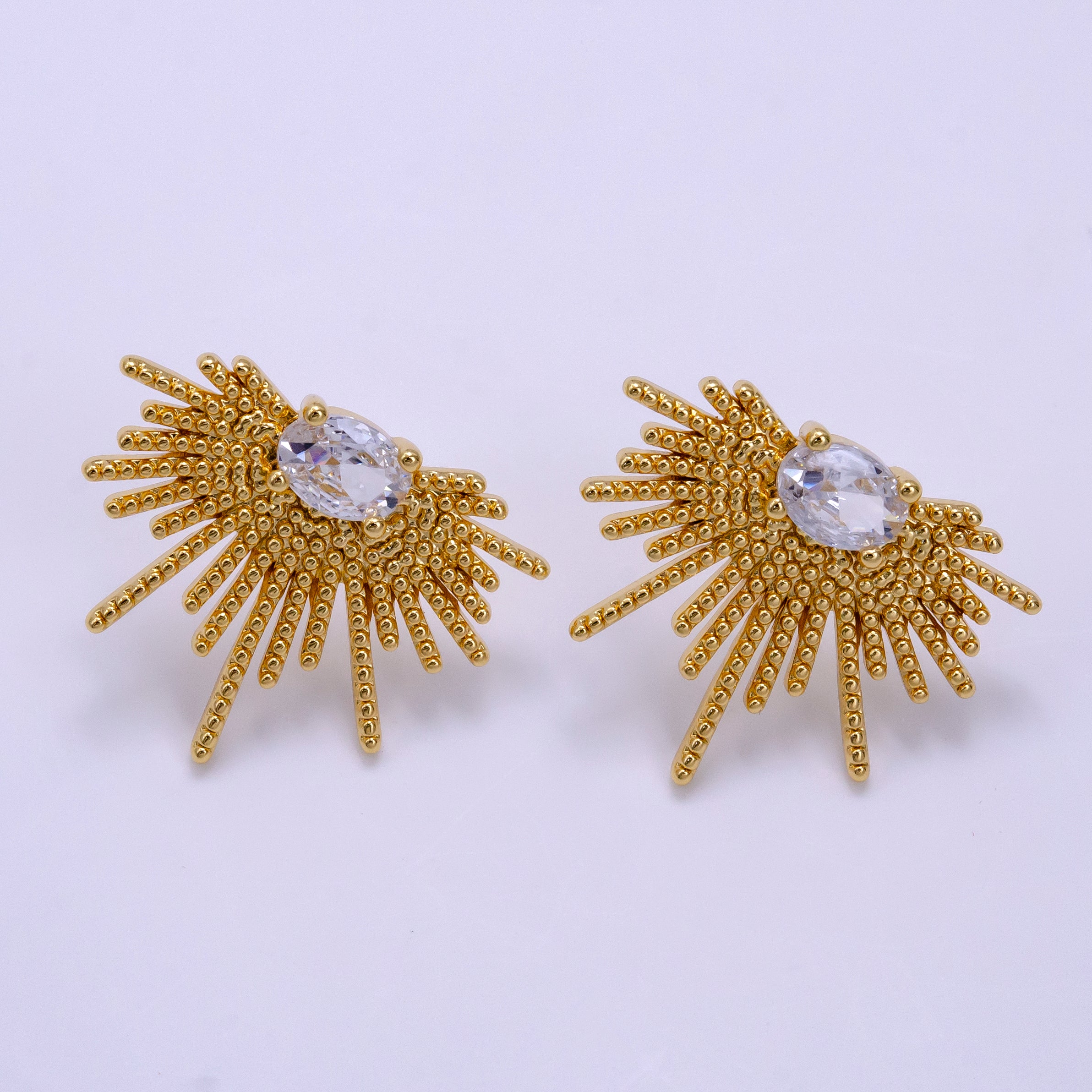 16K Gold Filled 24mm Clear Oval CZ Geometric Sunburst Drop Stud Earrings | Clearance