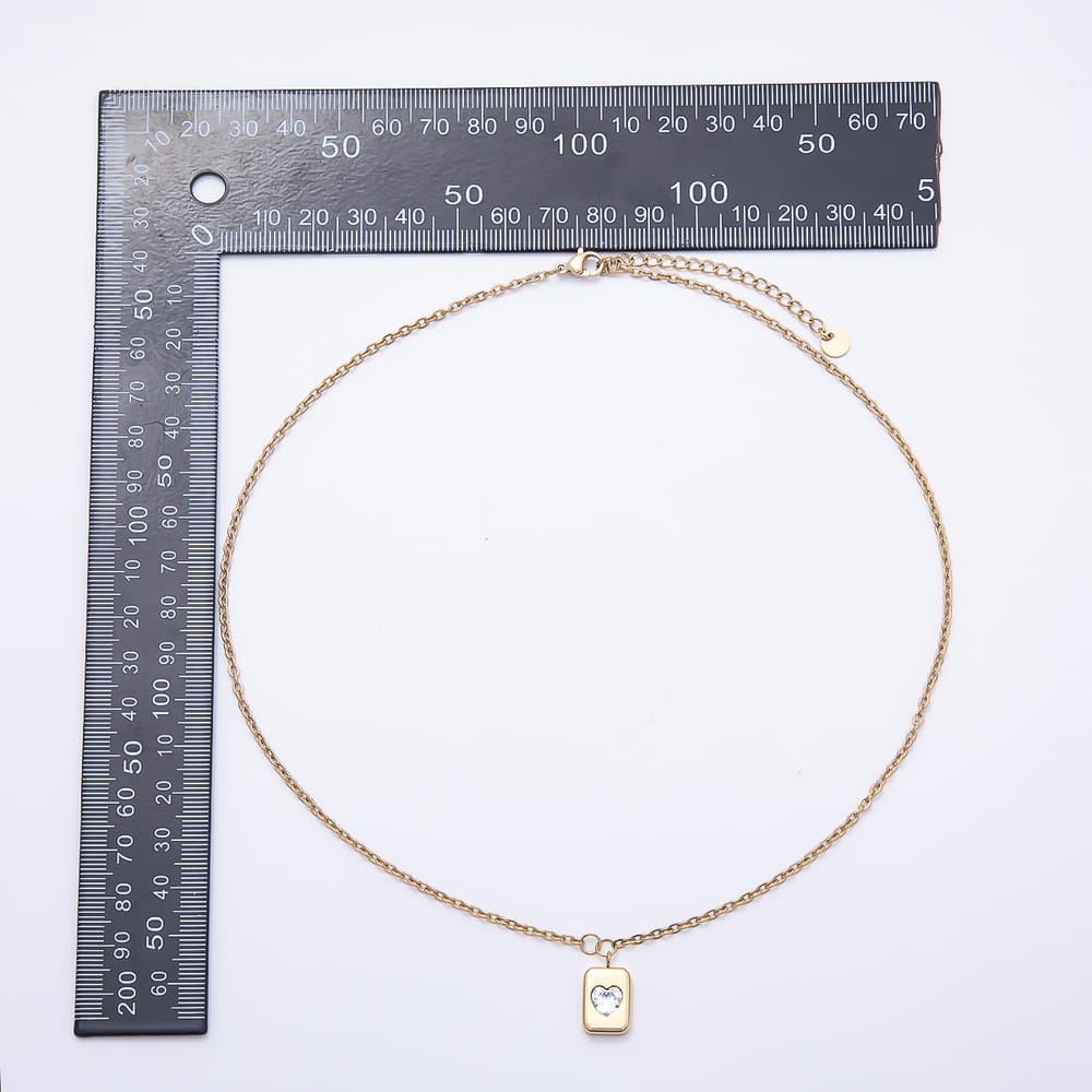 Stainless Steel Clear CZ Heart Tag Rectangle Cable Chain 18 Inch Necklace | WA-00170