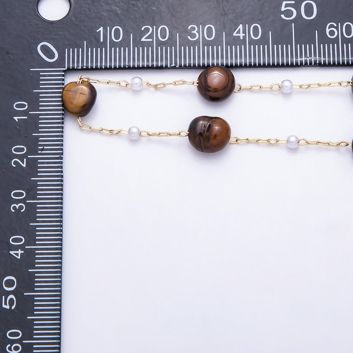 16K Gold Filled 3mm Tiger Eye Pebble & Mini Pearl Gemstone Unfinished Chain by Yard | Roll-01906