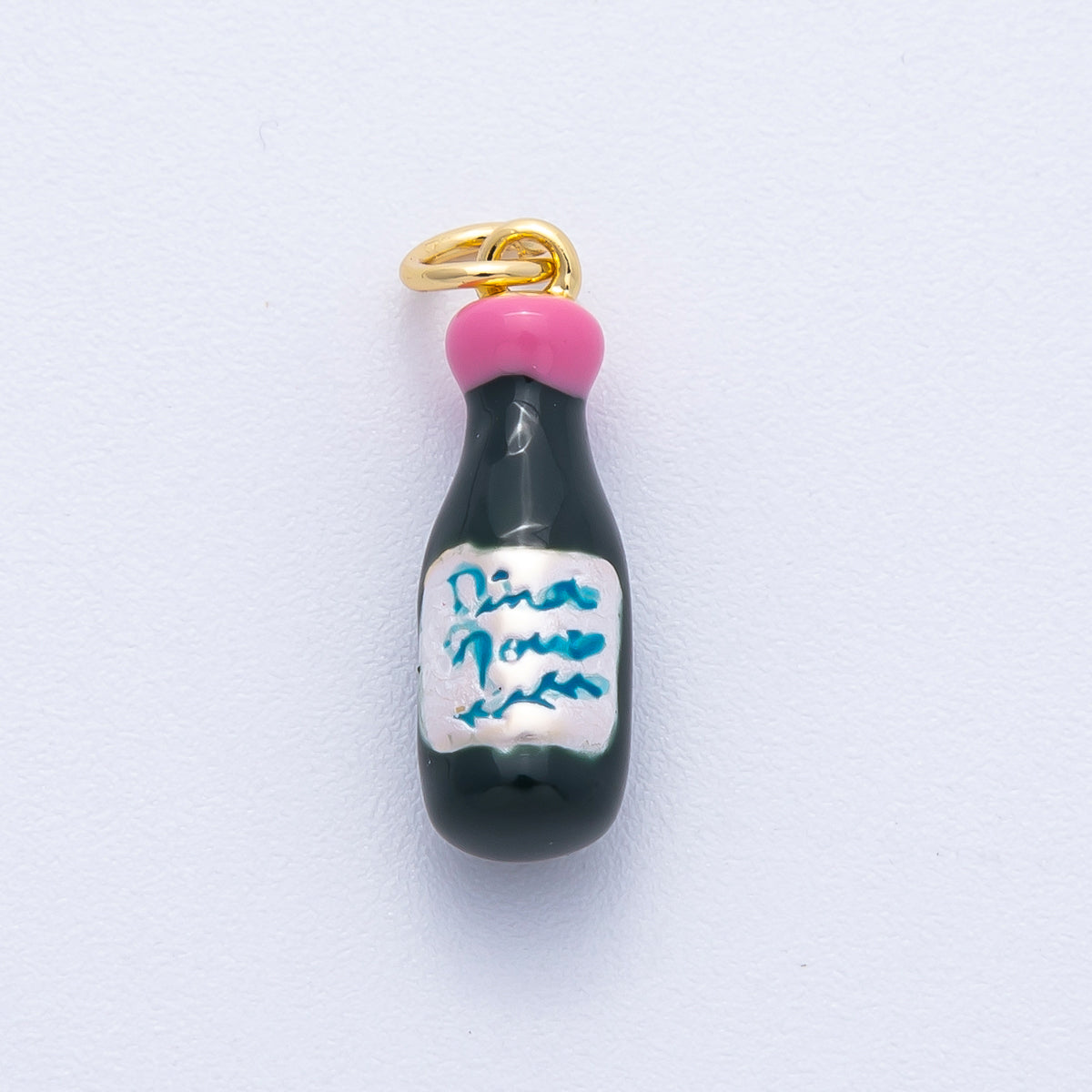 18K Gold Filled 20mm Pink & Green Enamel Champagne Bottle Charm | Charms-00021