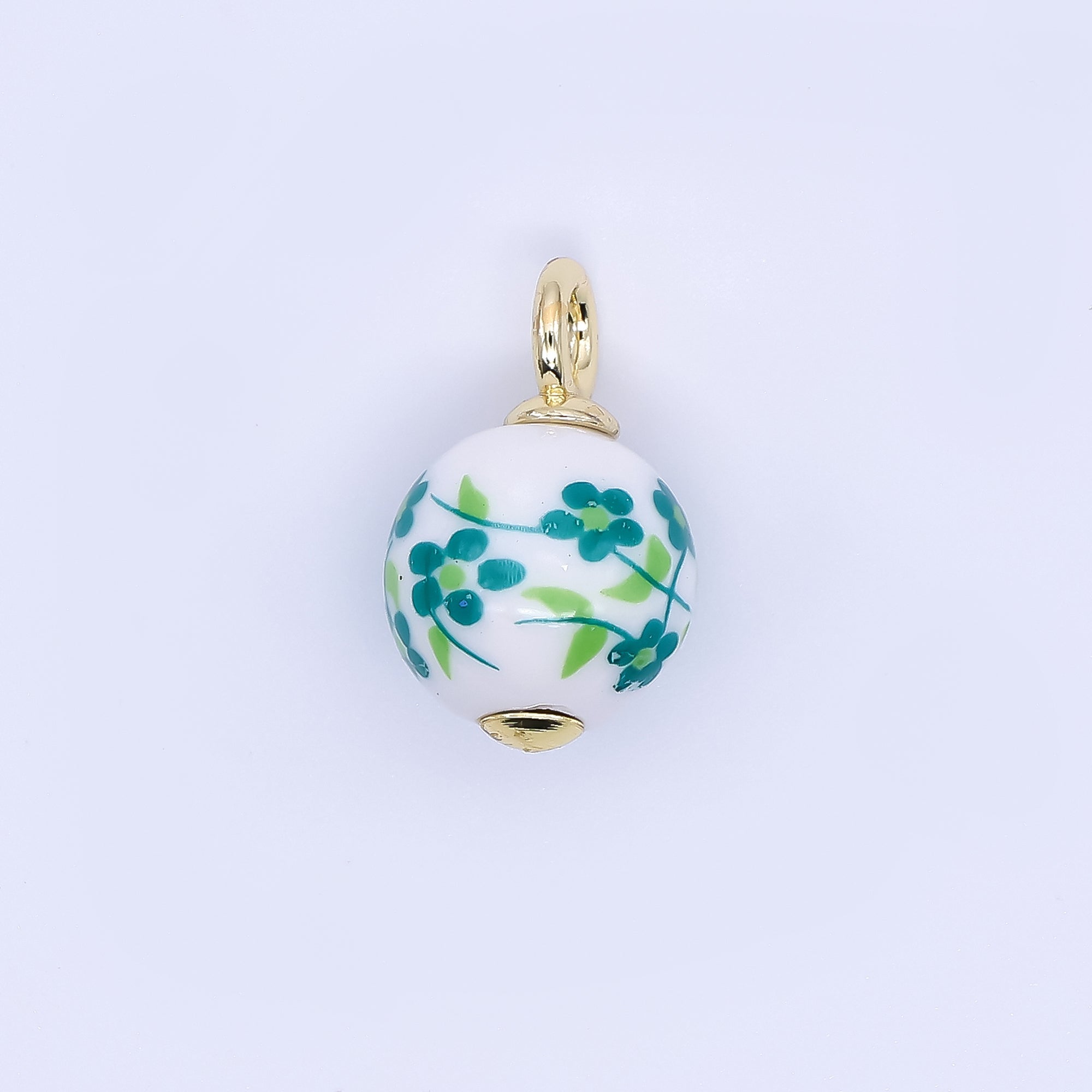 24K Gold Filled 19mm Ceramics Art Round Green Flower Vines Flower Charm | D064