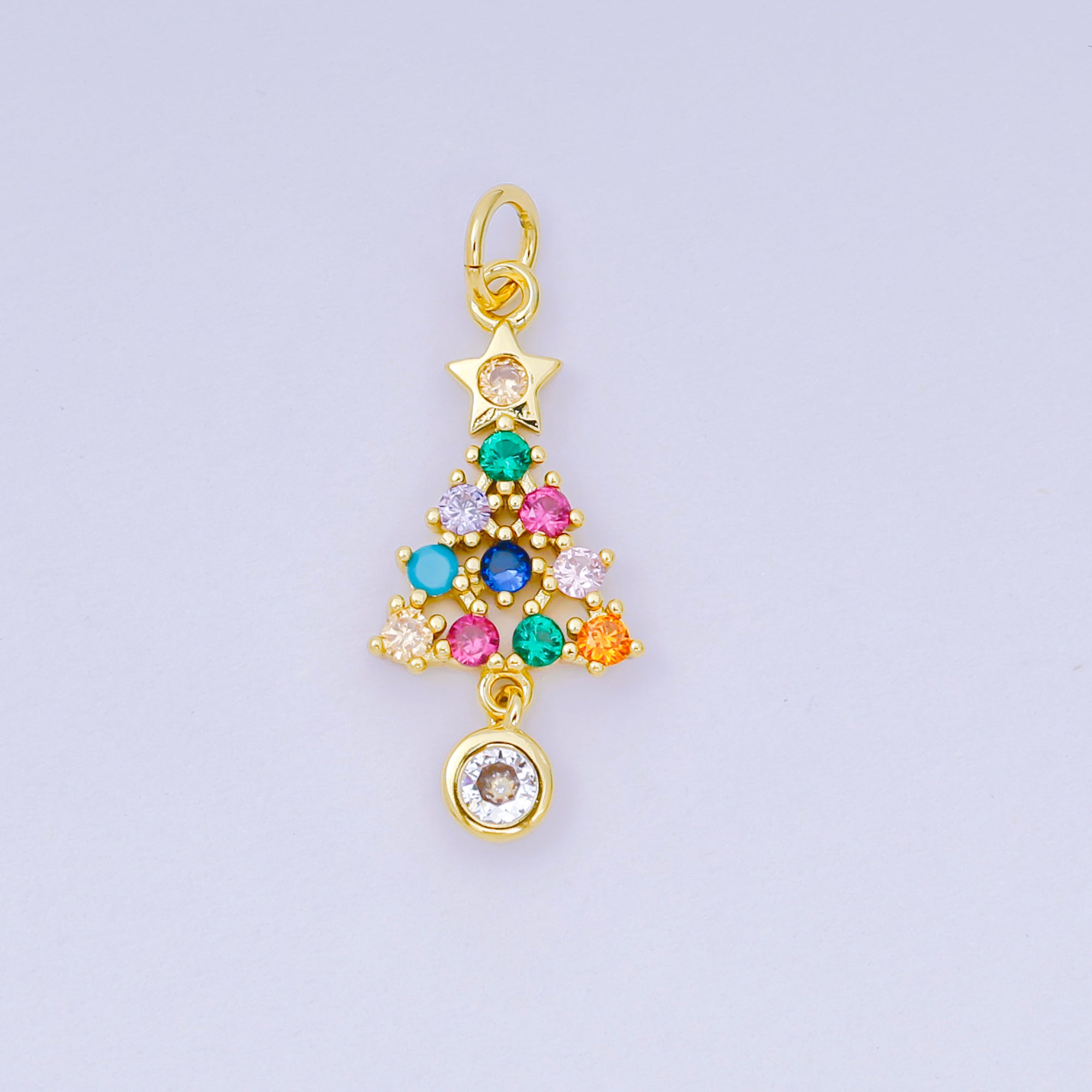24K Gold Filled 18mm Multicolor Micro Paved CZ Colorful Christmas Tree & Star Charm | D-100