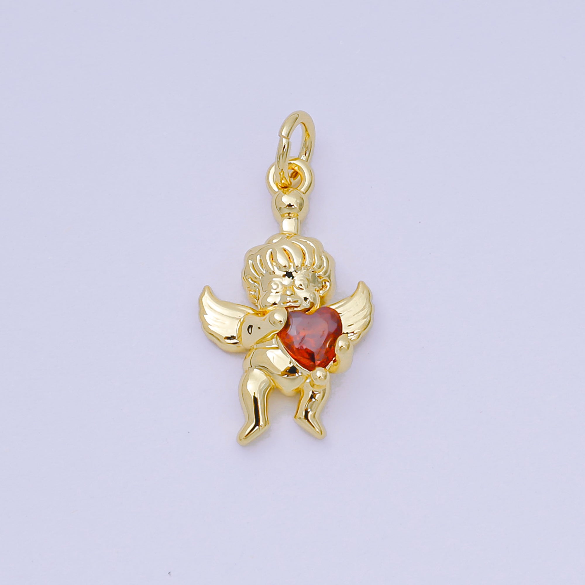 24K Gold Filled 19mm Red Heart-Shaped CZ Baby Cupid Angel with Love Charm | D-156