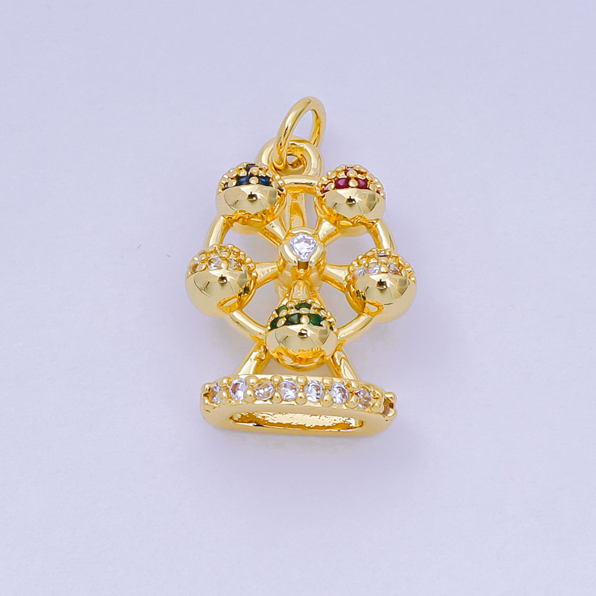 24K Gold Filled 19mm Emerald Green, Blue & Purple CZ Ferris Wheel Carnival Park Charm | D-253