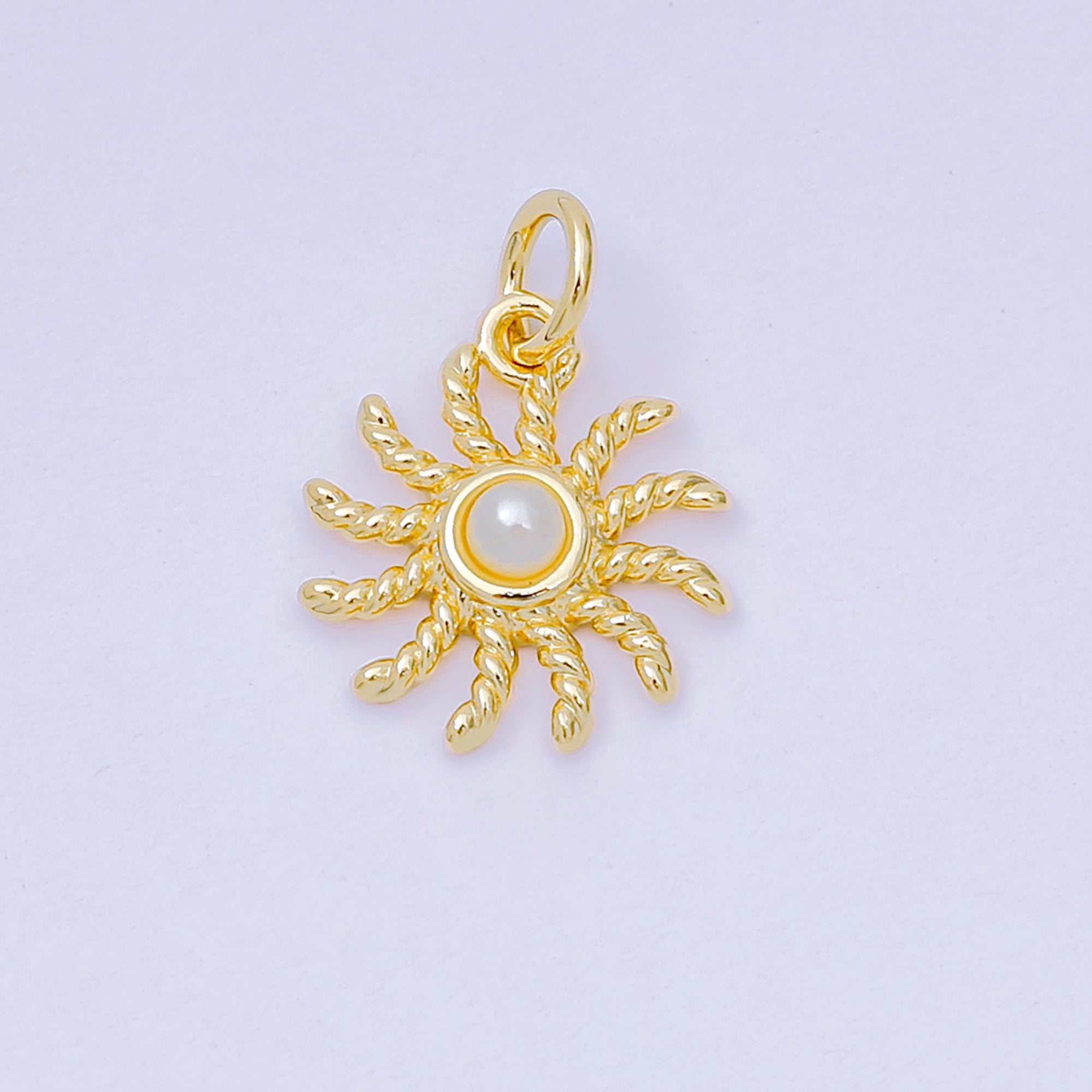 24K Gold Filled 23mm Shell Pearl Twirly Celestial Sun Charm | D-274