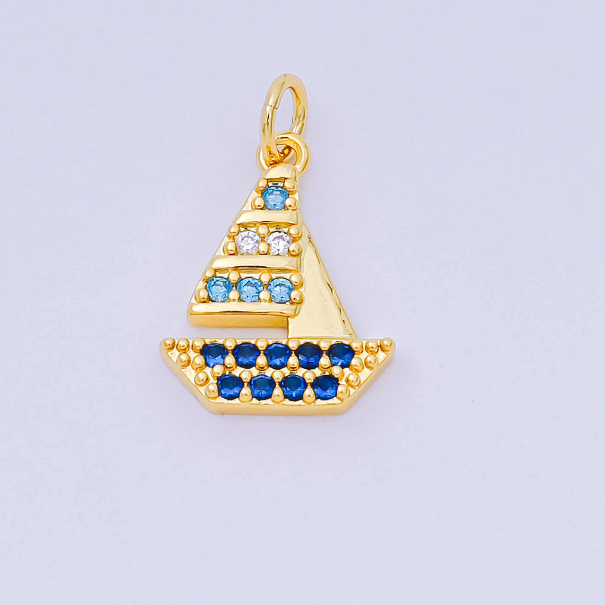24K Gold Filled 16mm Royal Blue Micro Paved CZ Sailing Ship Charm | D-353