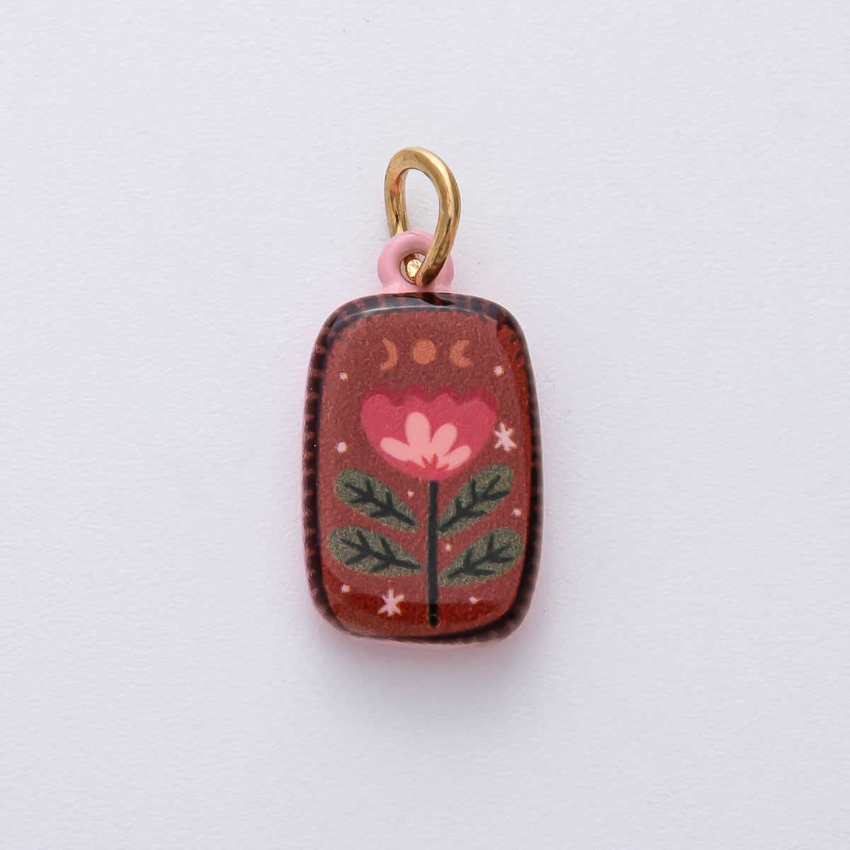 18K Gold Filled 20.5mm Red Brown Flower Enamel Double Sided Rectangular Charm | D420
