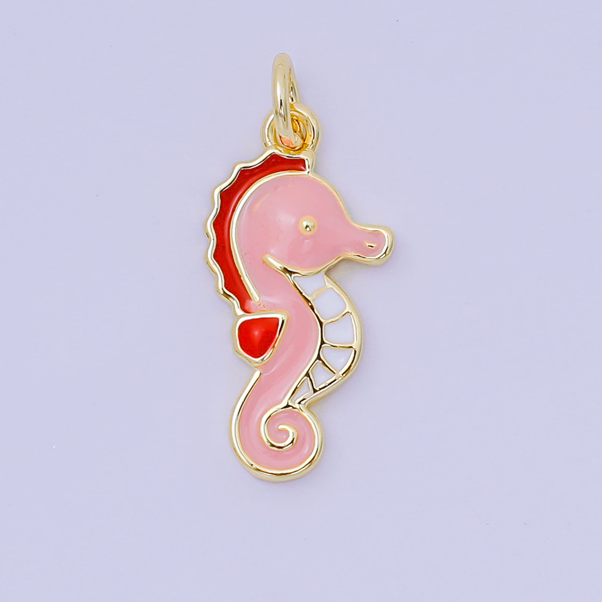 24K Gold Filled 19mm Pink Enamel Art Neptune Ocean Seahorse Animal Charm | D-532