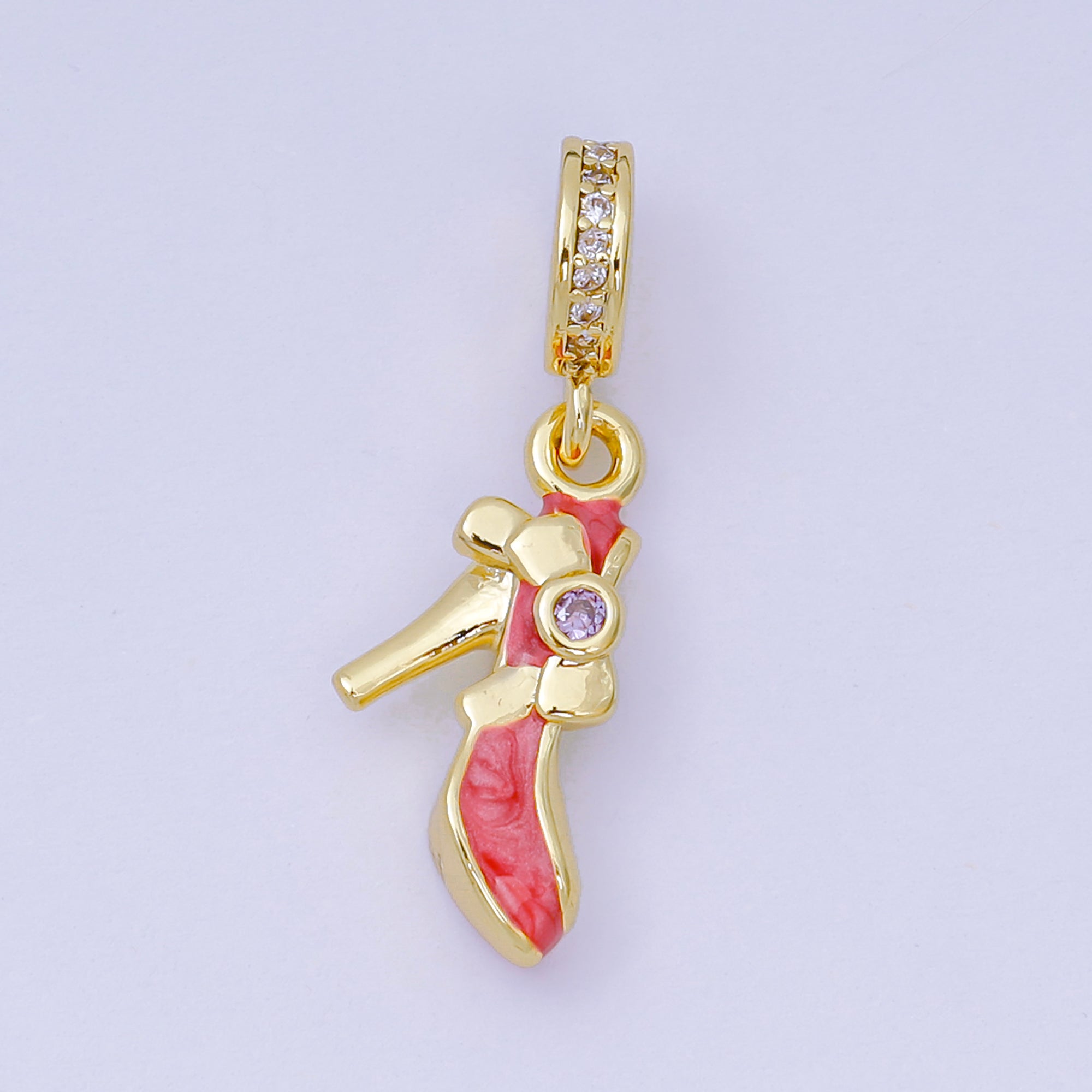 24K Gold Filled 13mm Round CZ Enamel Art Red Highheels Shoe Charm Rhondelle Drop Pendant| D-813