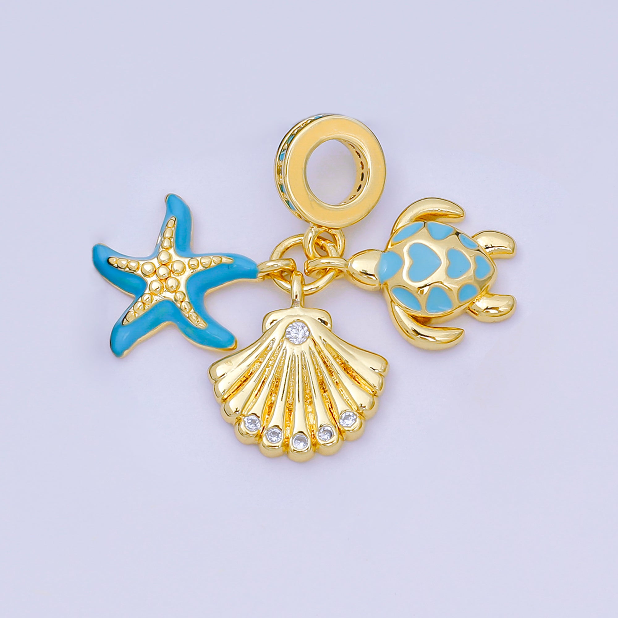 24K Gold Filled 13.5mm Micro Paved CZ Enamel Art Ocean's Life Set Charm in Turtle, Starfish, & Clam Shell Rhondelle Drop Pendant| D-863