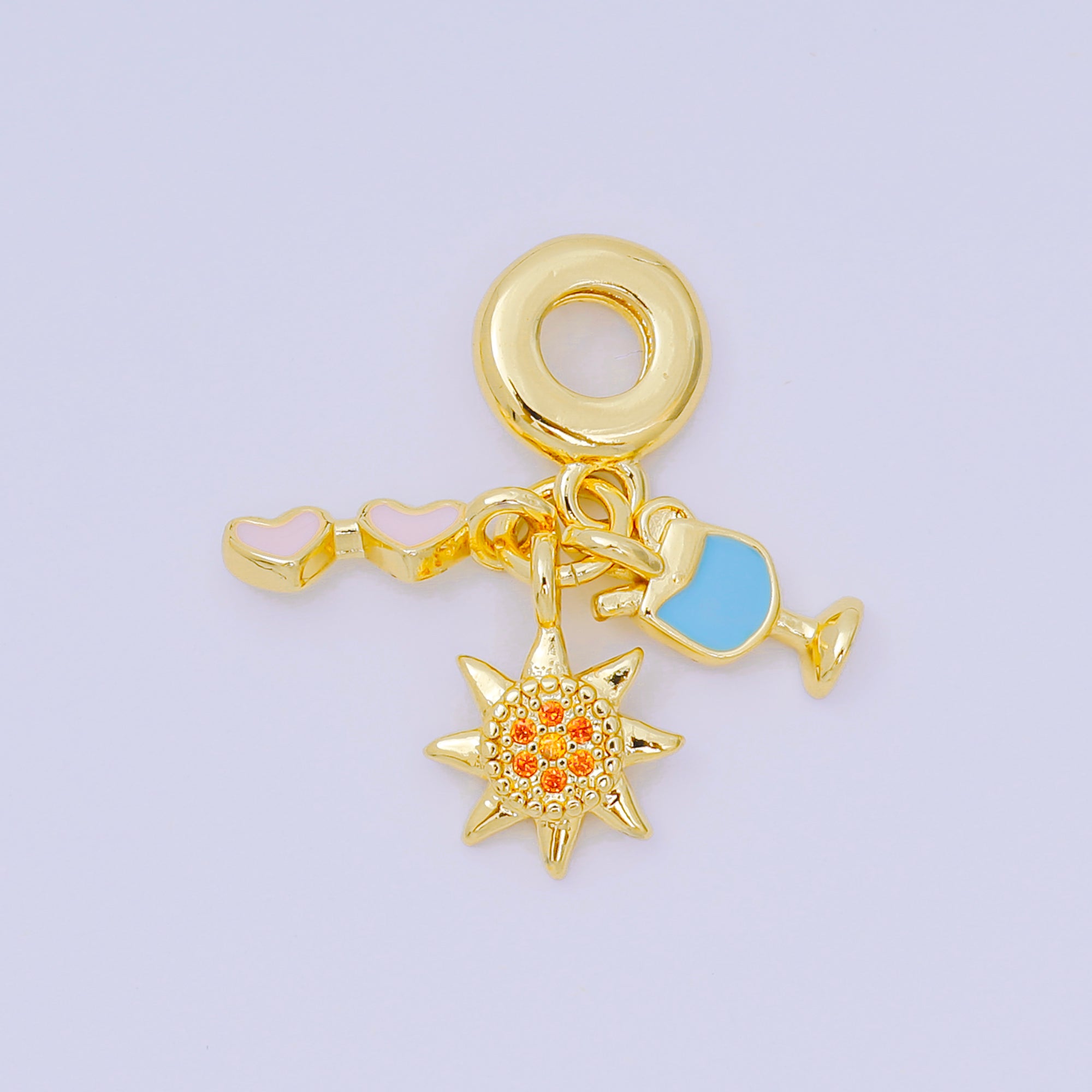 24K Gold Filled 14mm Orange Micro Paved CZ Enamel Art Summer Holiday Set Charm in Glasses, Drink, & Sun Rhondelle Drop Pendant | D-893