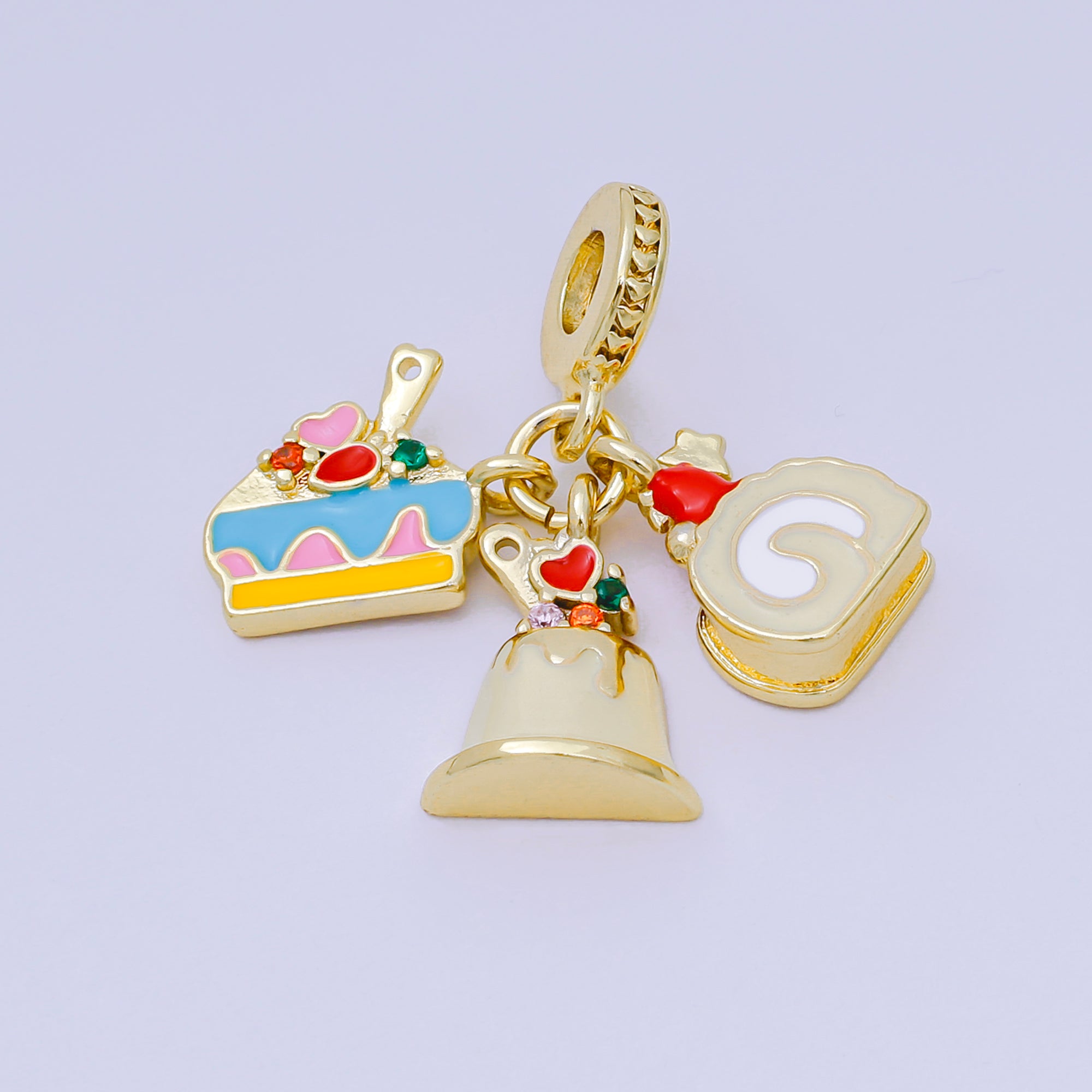 24K Gold Filled 15mm Micro Paved CZ Enamel Art Sweets Dessert Set Charm in Muffin, Cake, & Roll-Cake Rhondelle Drop Pendant | D-909