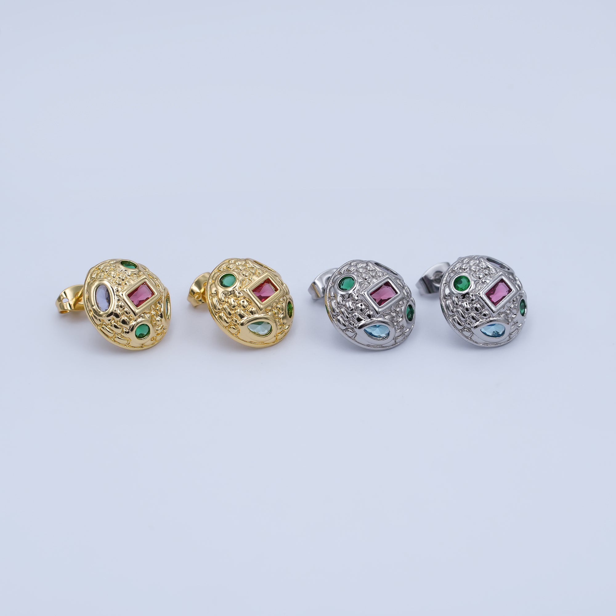 24K Gold Filled Multicolor CZ Hammered Dome Round Stud Earrings in Gold & Silver | AI474 AI494