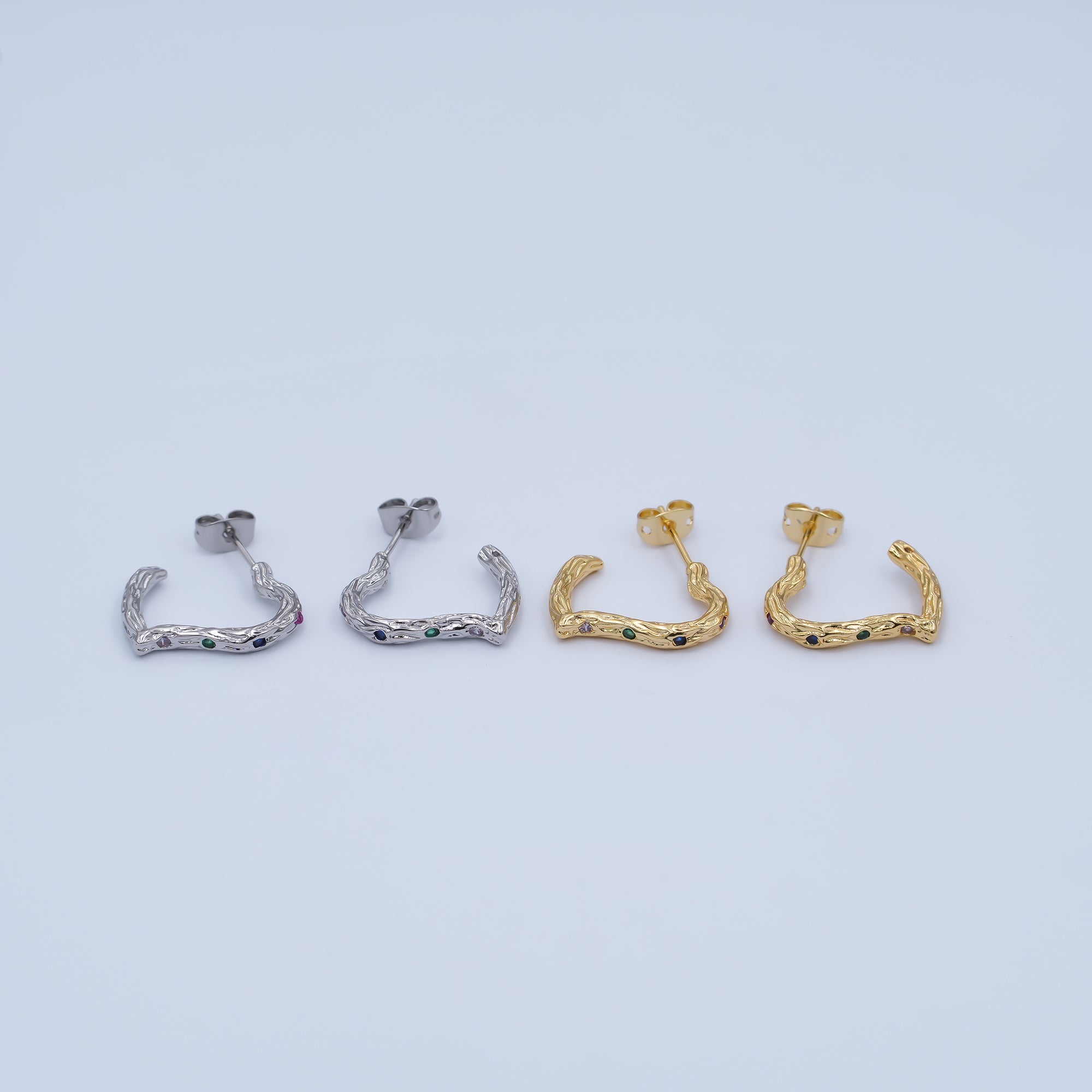 24K Gold Filled Multicolor CZ Hammered J-Shaped Hoop Earrings | AI470 AI493
