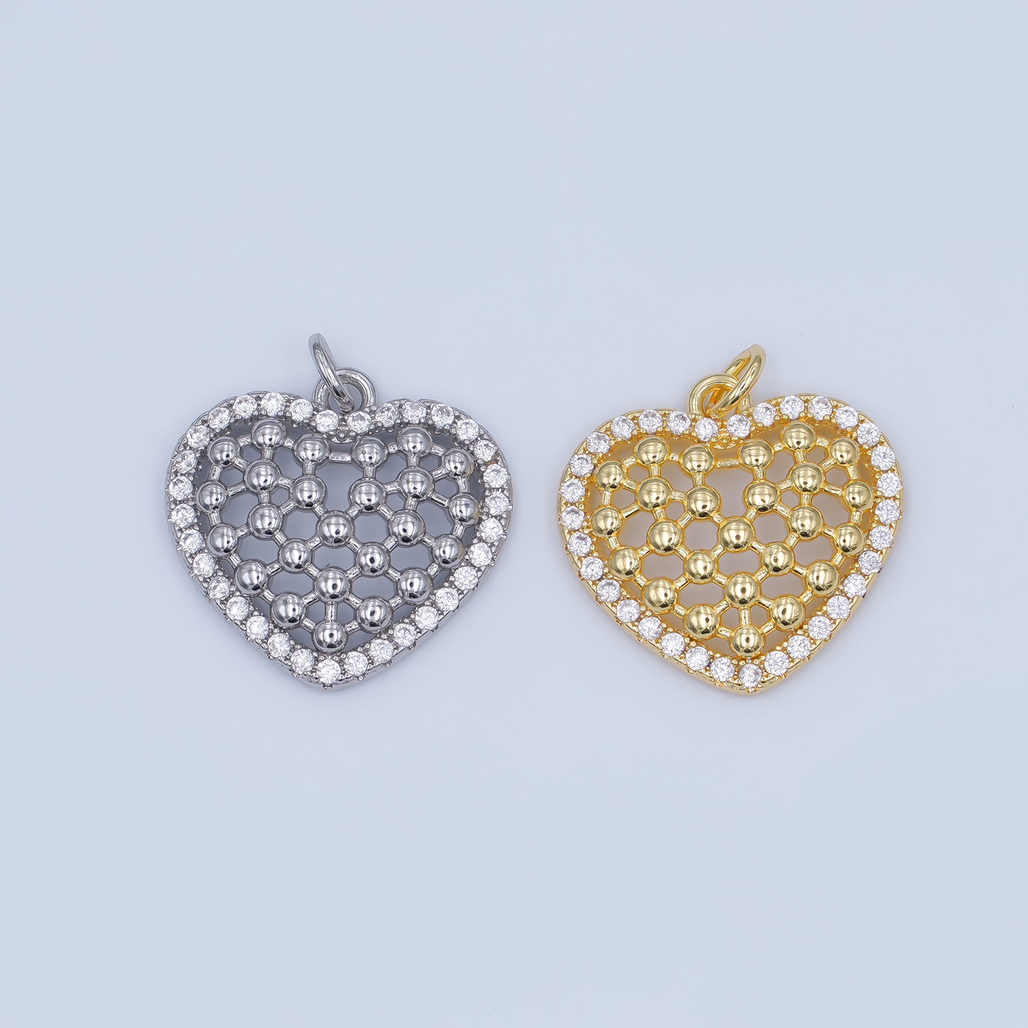24K Gold Filled Open Bead Bar Heart Micro Paved CZ Charm in Gold & Silver | AJ289