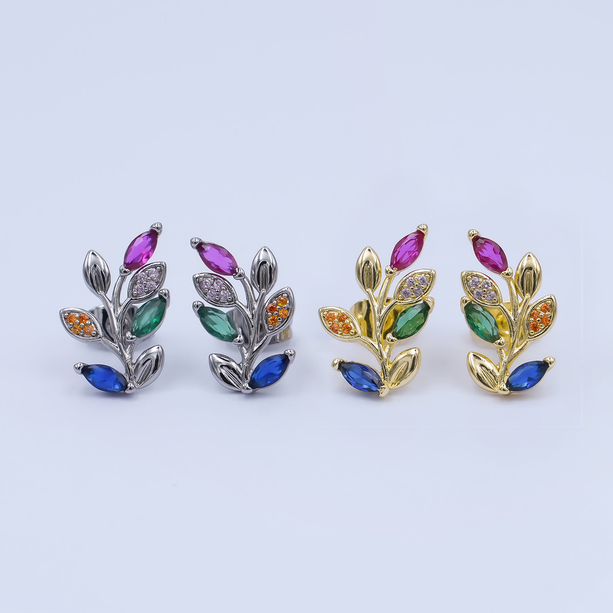 24K Gold Filled Multicolor Micro Paved CZ Leaf Stud Earrings in Gold & Silver | AI543 AI473