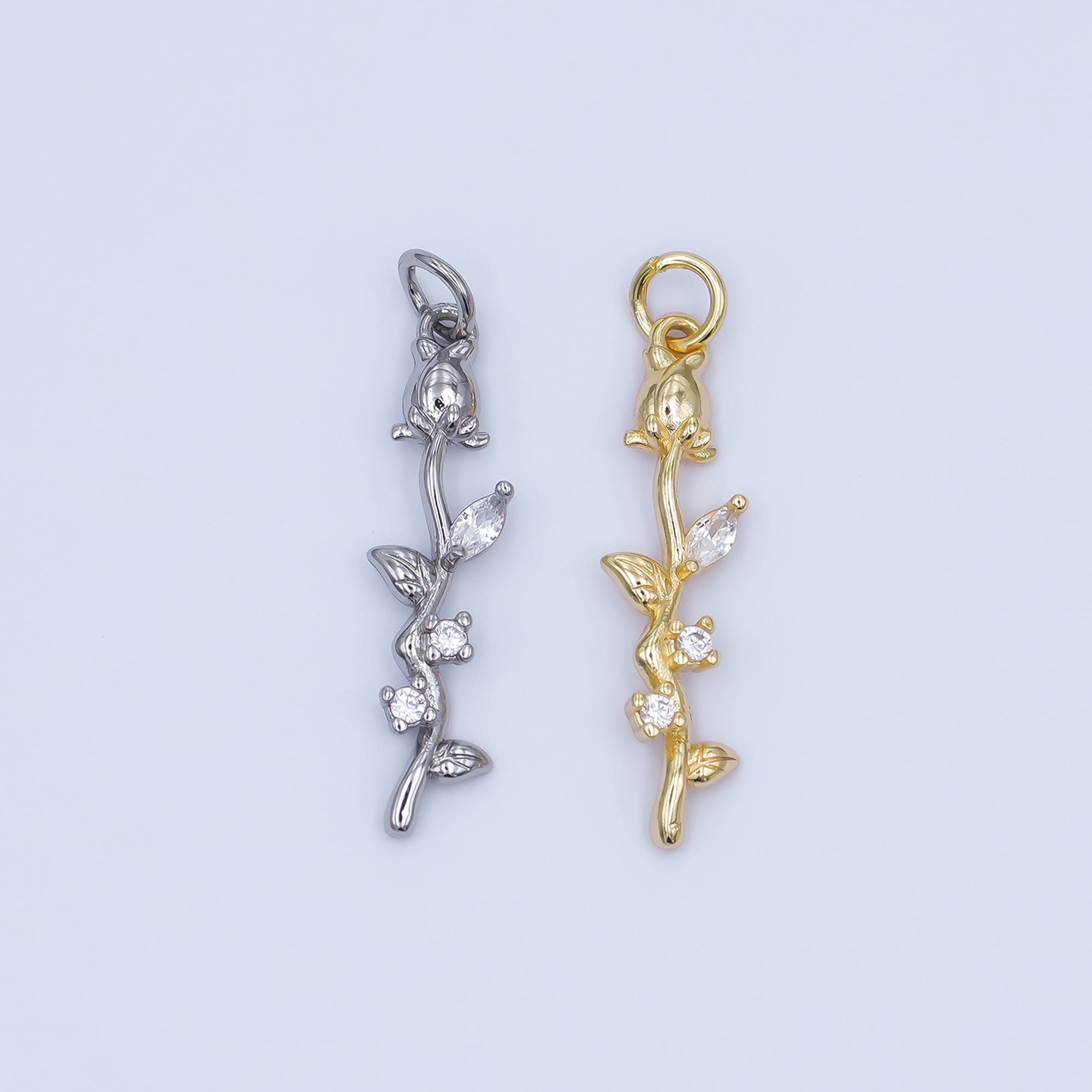 24K Gold Filled CZ Rose Flower Wavy Charm in Gold & Silver | AF470