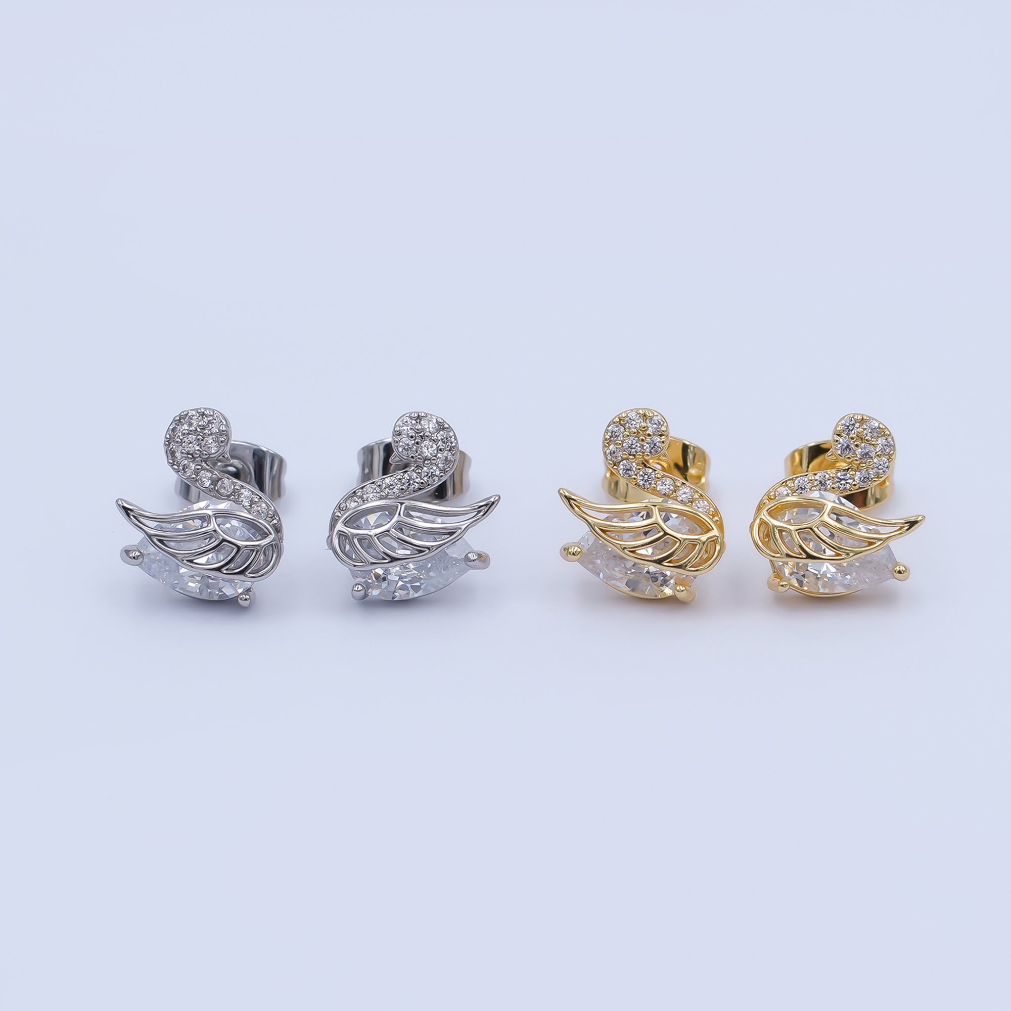 24K Gold Filled CZ Micro Paved Duck Dove Bird Stud Earrings in Gold & Silver | AI472