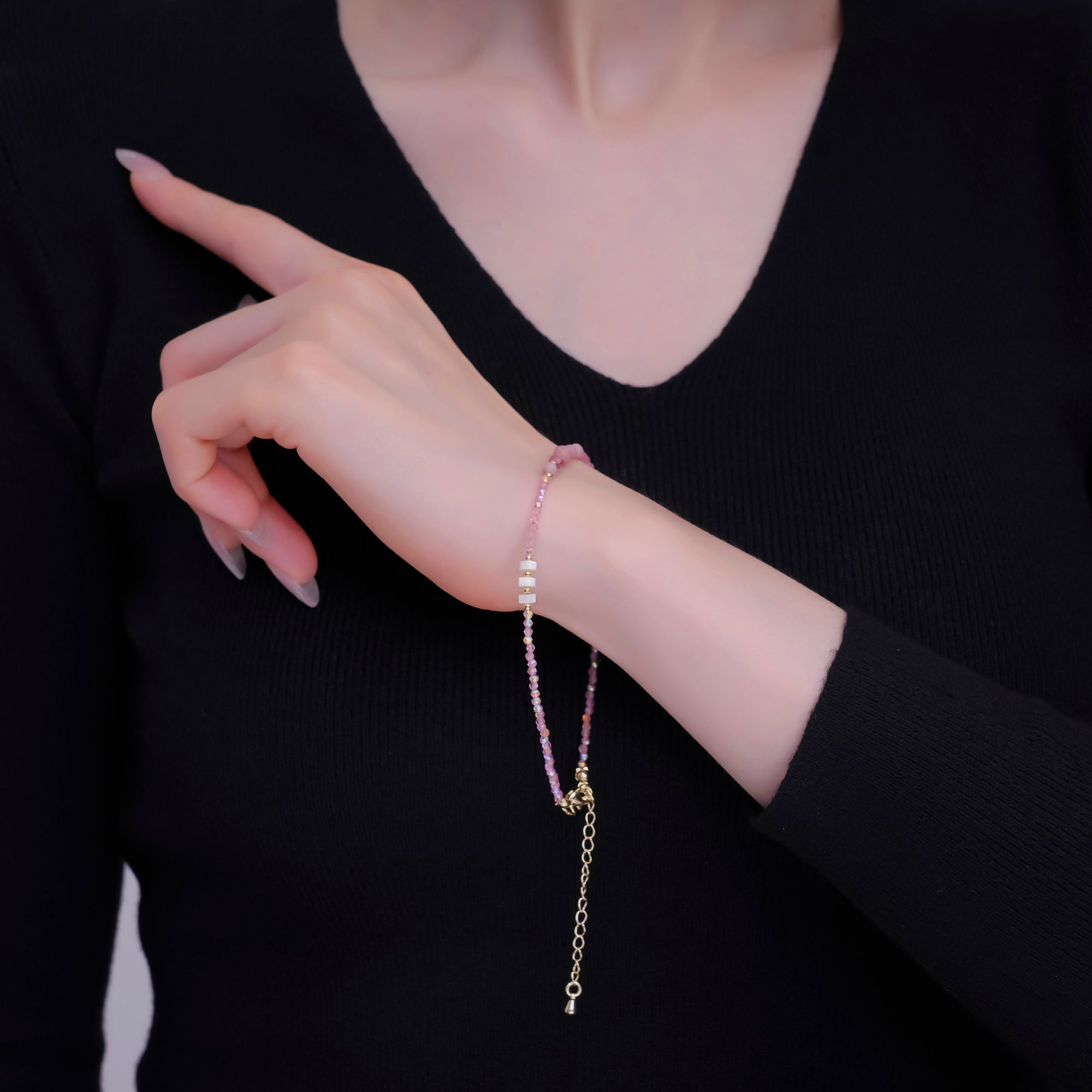 24K Gold Filled 2mm Shell Pearl Pink Quartz Multifaceted Gemstone 9 Inch Anklet | WA-2945