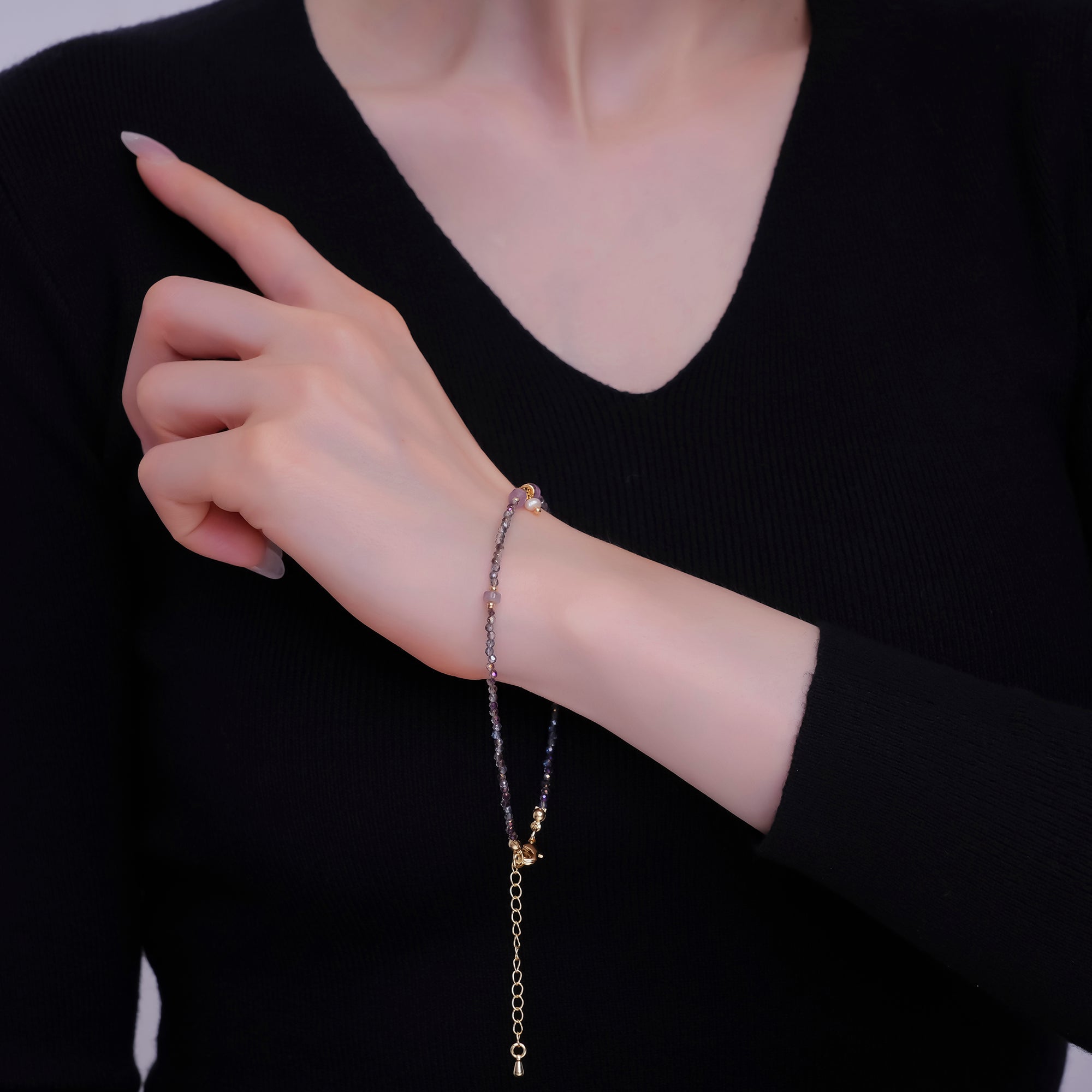 24K Gold Filled 2mm Shell Pearl Dark Multifaceted Gemstone 9 Inch Anklet | WA-2953