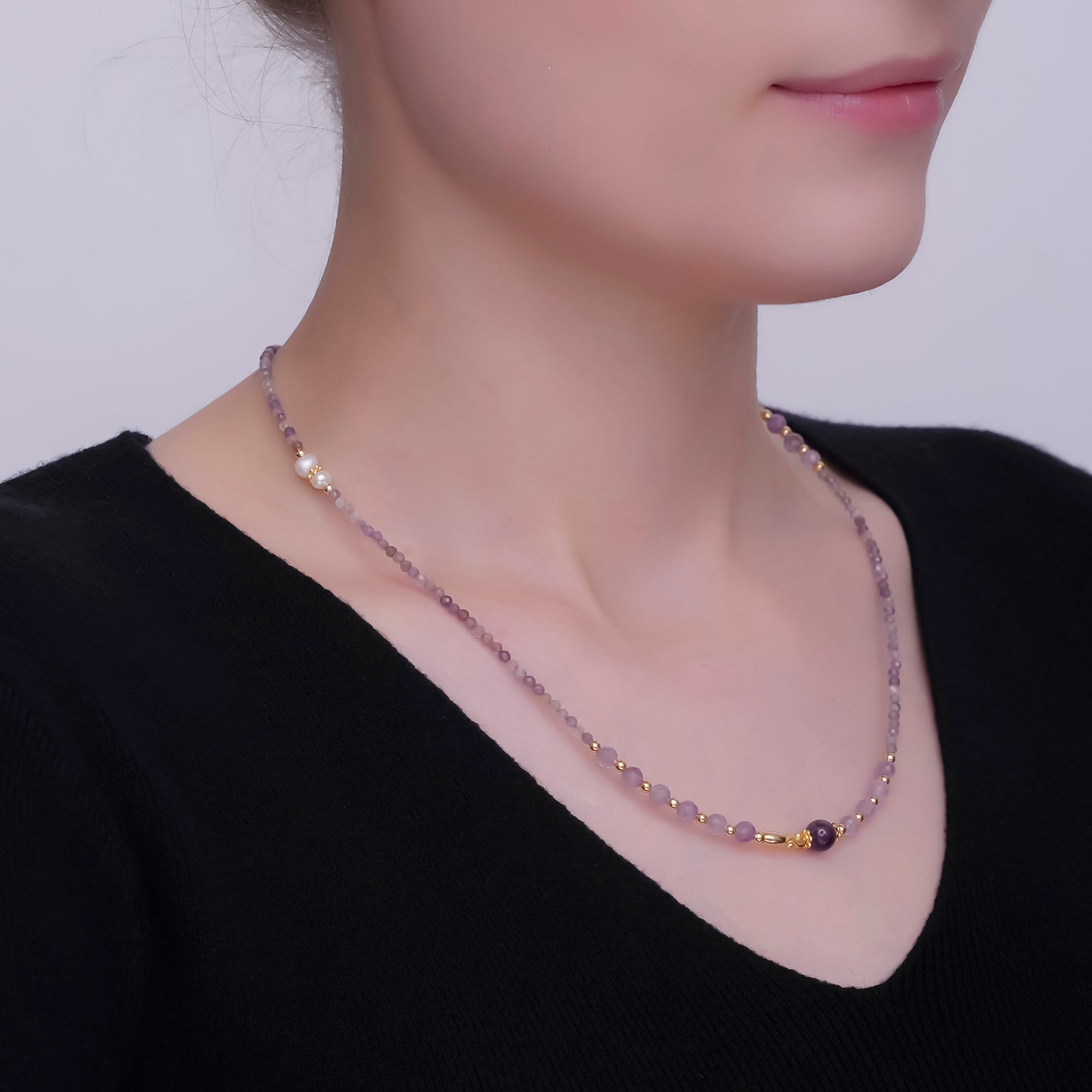 24K Gold Filled Purple Amethyst Gemstone Bead 18 Inch Necklace | WA-2872